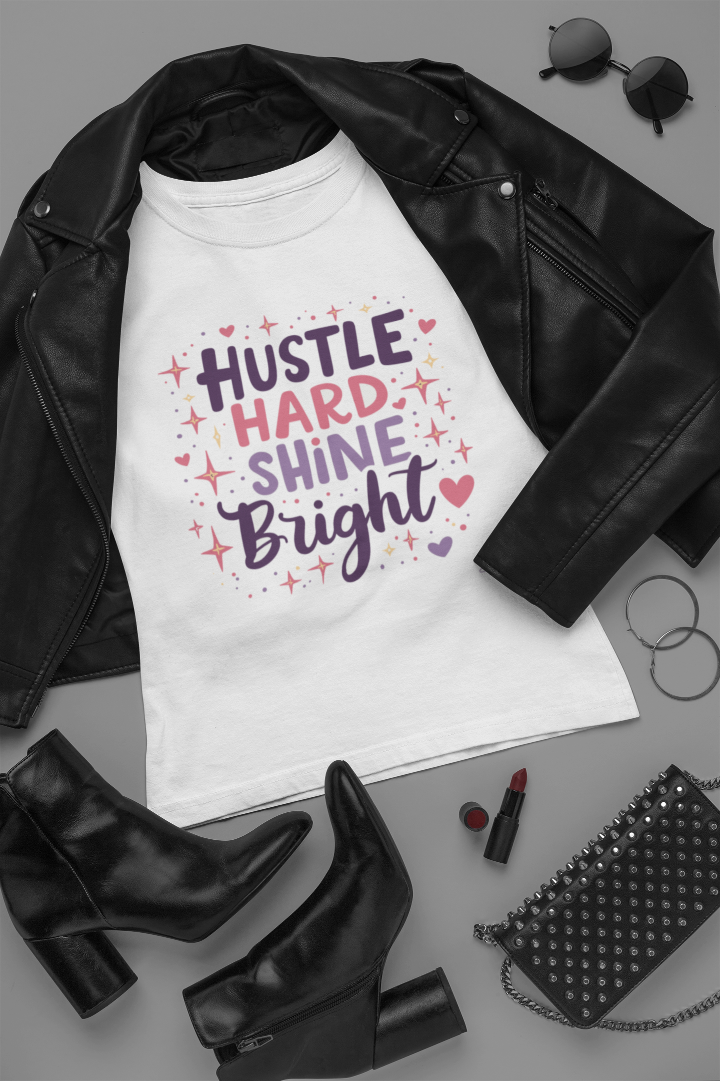 “Hustle Hard Shine Bright – Motivational Boss Babe Graphic Tee”