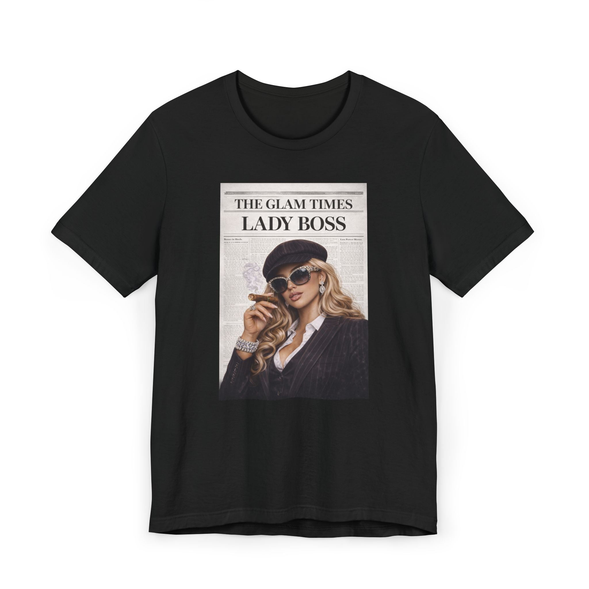 Lady Boss Graphic T-Shirt — 'The Glam Times' Vintage Newspaper Design