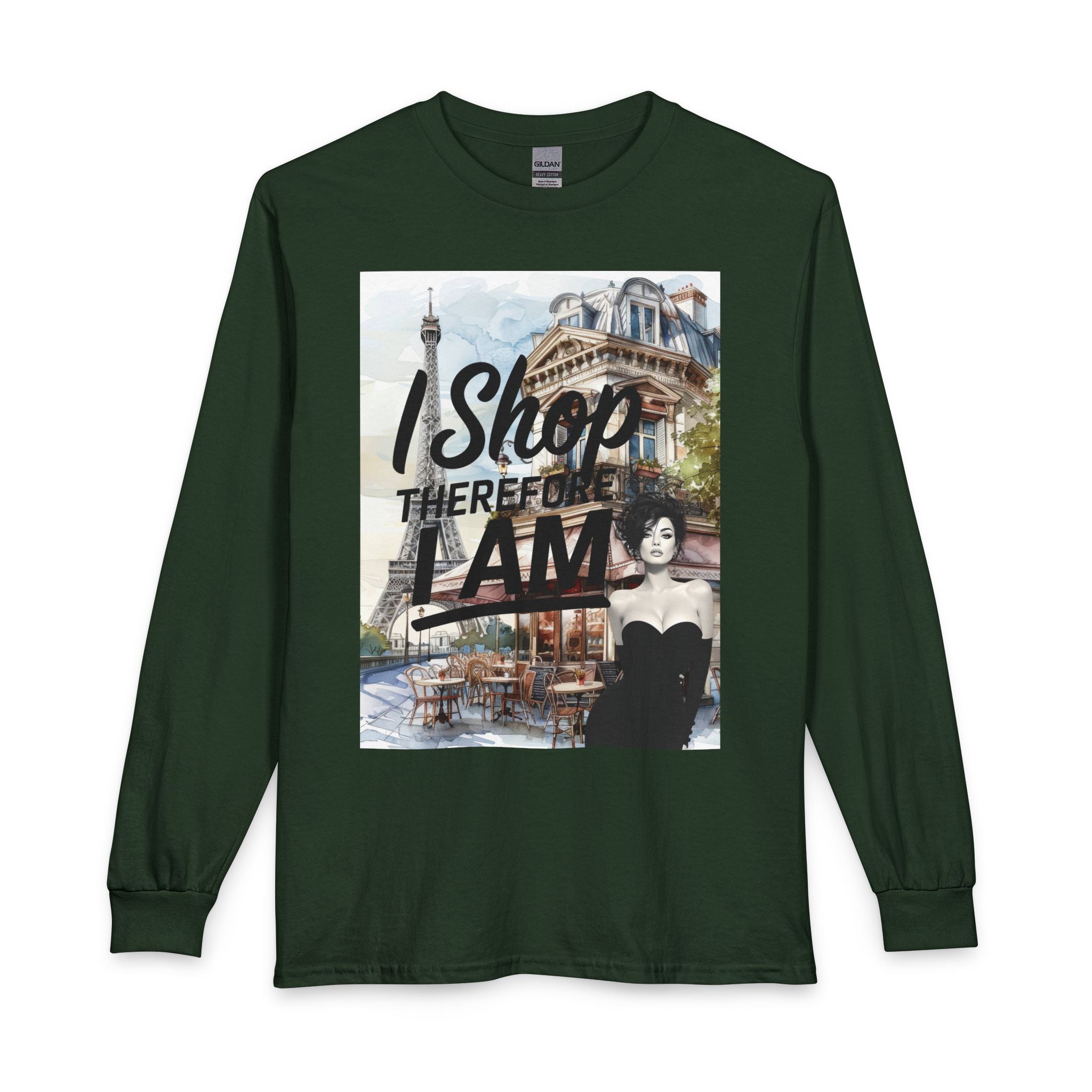Parisian Graphic Long Sleeve Tee — "I Shop Therefore I Am" Fashion Top