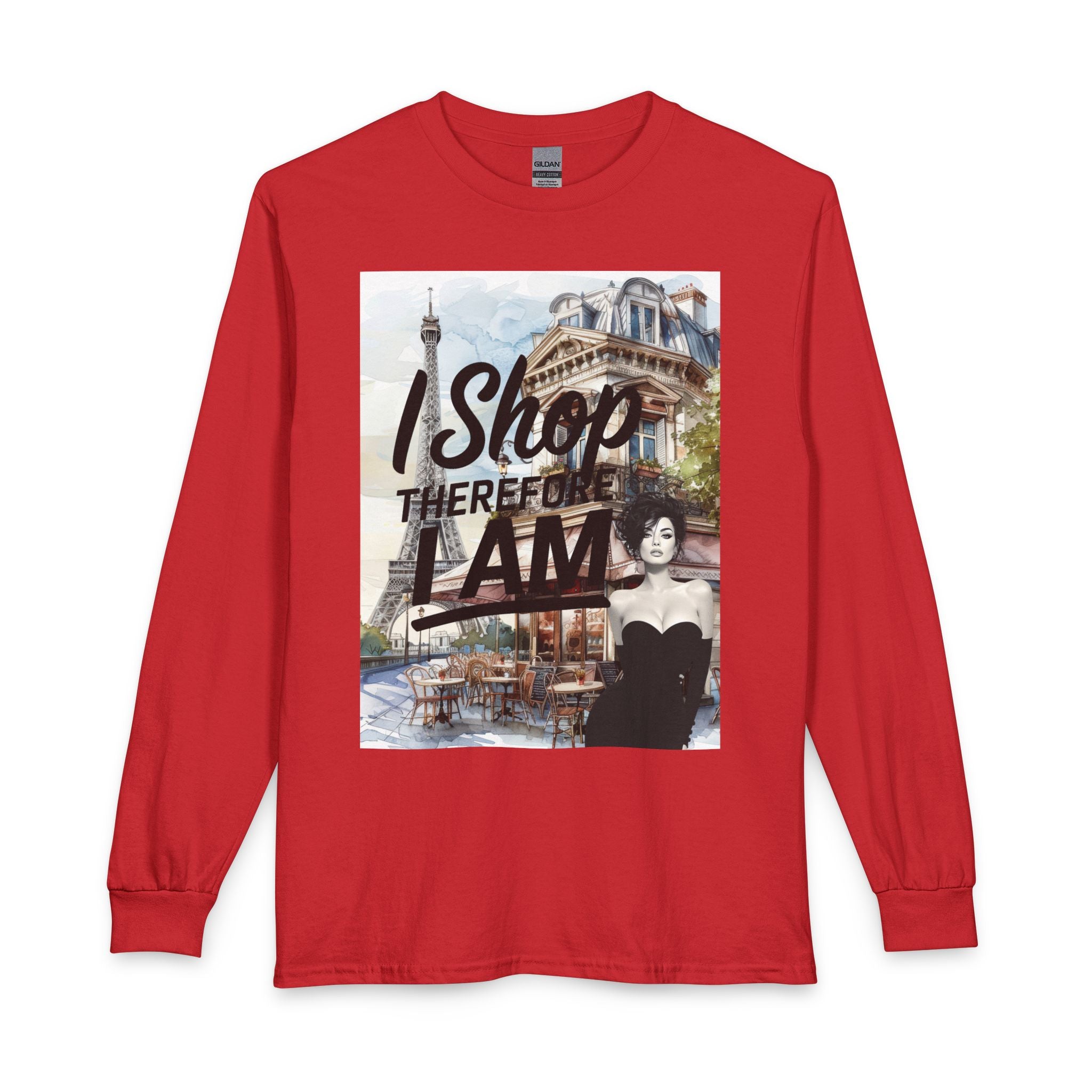 Parisian Graphic Long Sleeve Tee — "I Shop Therefore I Am" Fashion Top
