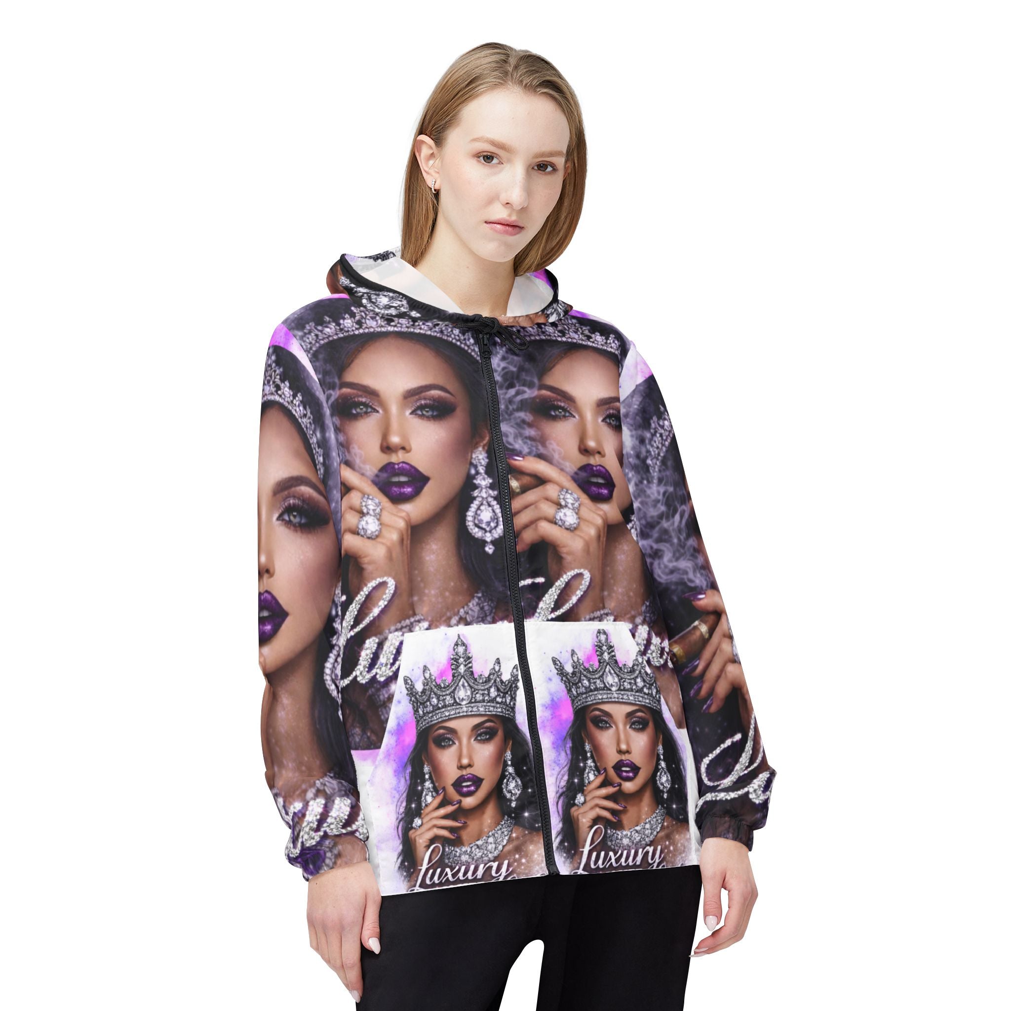 Luxury Queen Windbreaker Jacket — Glam Crown Portrait All-Over Print, Sale Ends 02/15/26