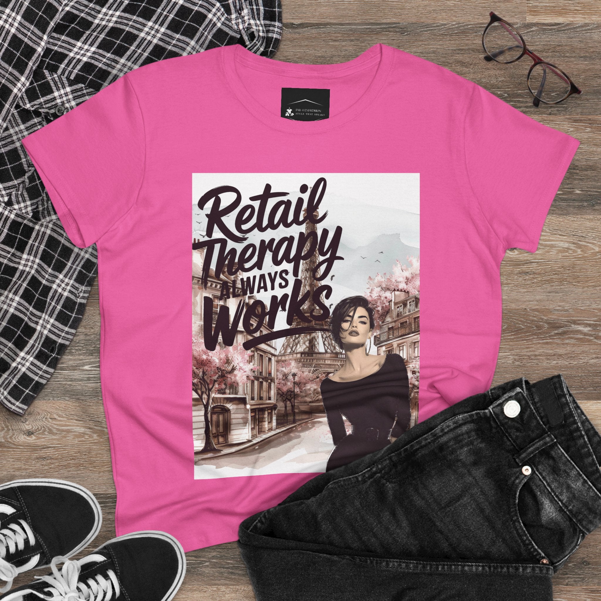 Retail Therapy T-Shirt — "Retail Therapy Always Works" Women's Graphic Tee