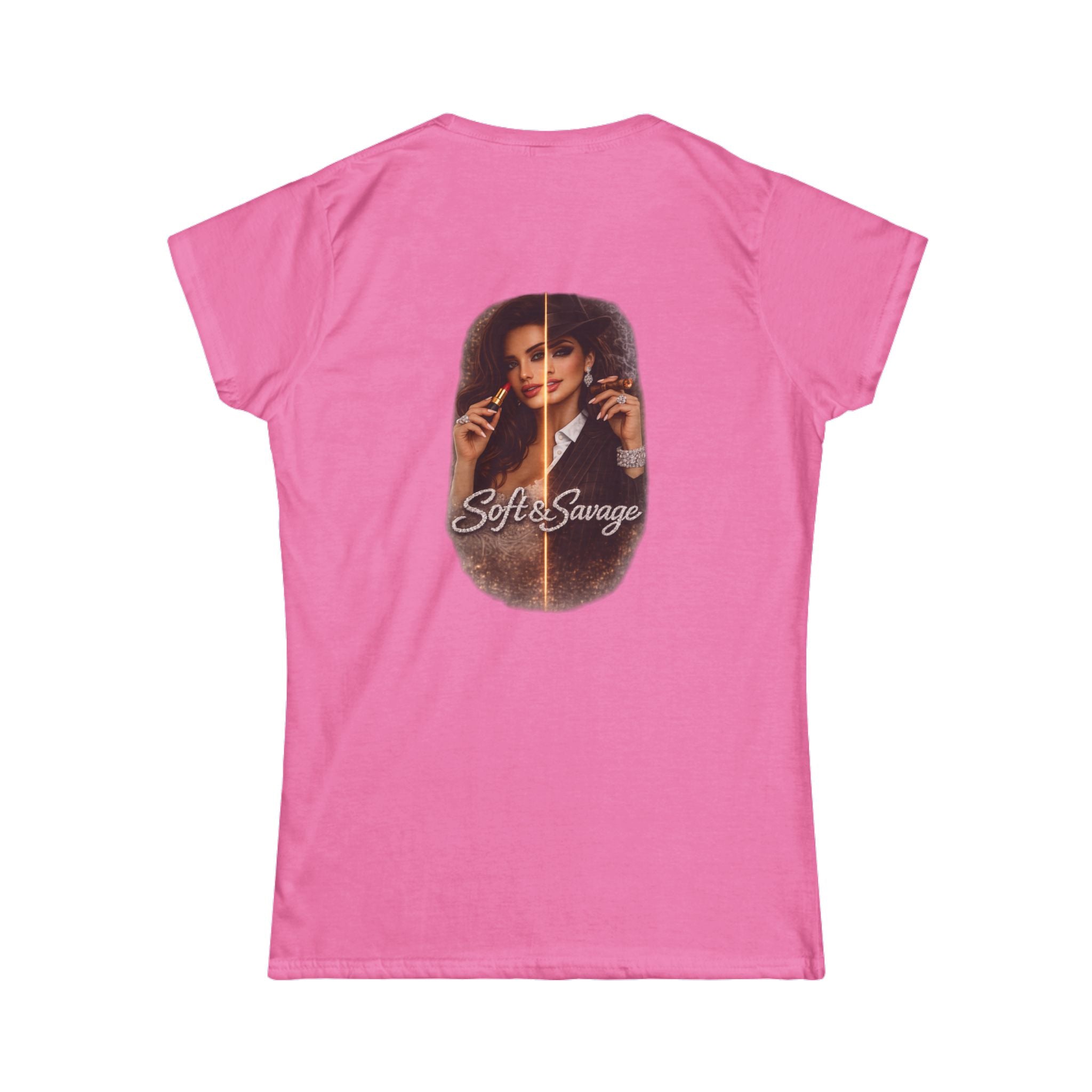 Soft & Savage Women's Tee — Retro Glam Portrait Graphic Shirt