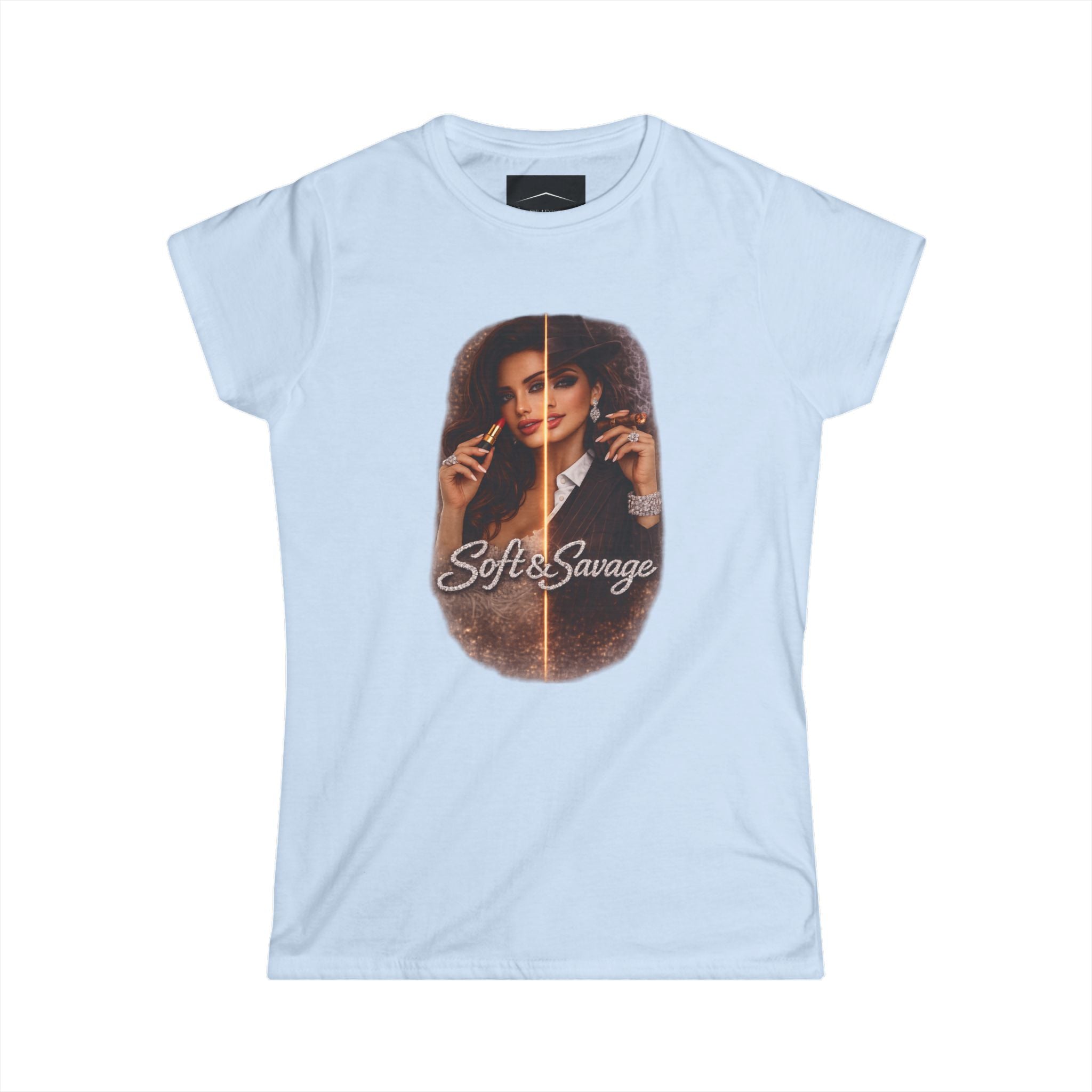 Soft & Savage Women's Tee — Retro Glam Portrait Graphic Shirt