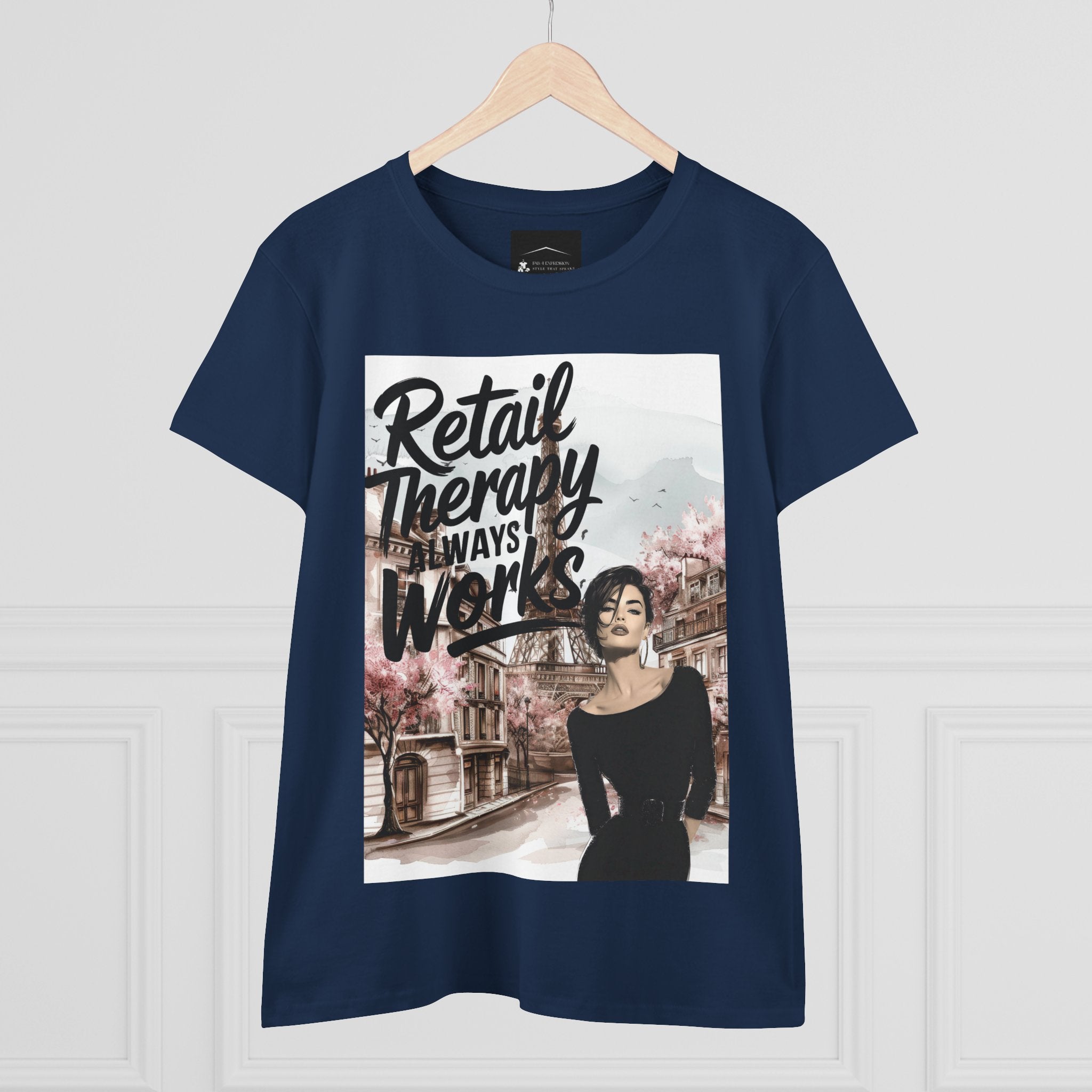 Retail Therapy T-Shirt — "Retail Therapy Always Works" Women's Graphic Tee