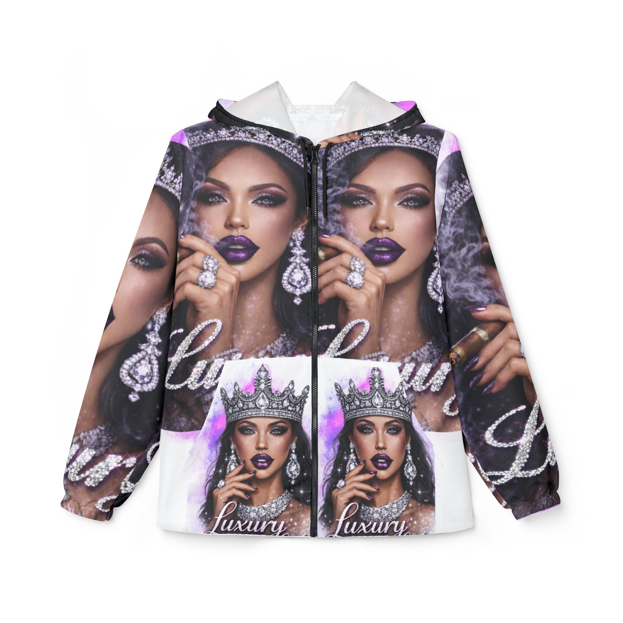 Luxury Queen Windbreaker Jacket — Glam Crown Portrait All-Over Print, Sale Ends 02/15/26