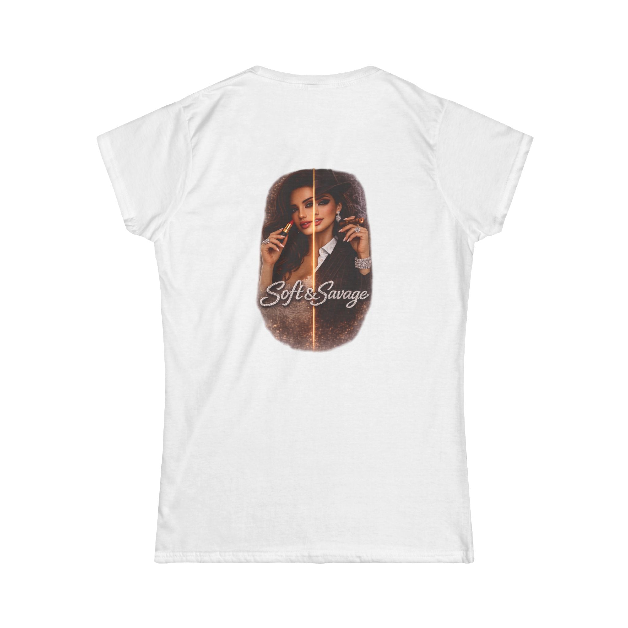 Soft & Savage Women's Tee — Retro Glam Portrait Graphic Shirt
