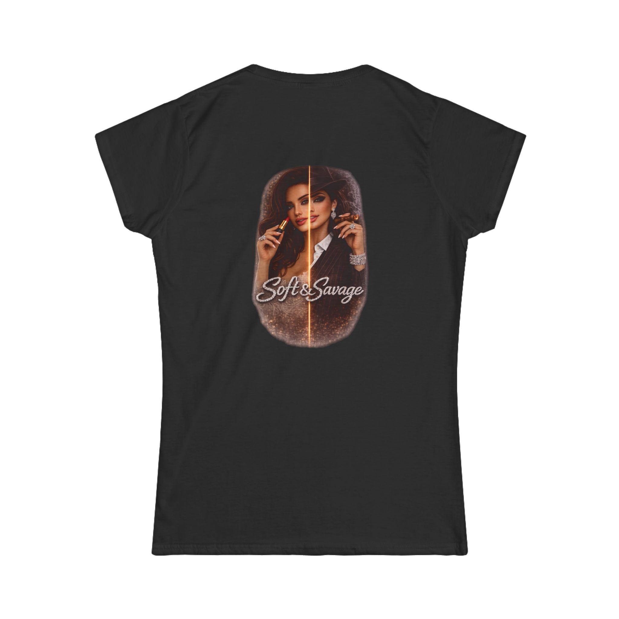Soft & Savage Women's Tee — Retro Glam Portrait Graphic Shirt
