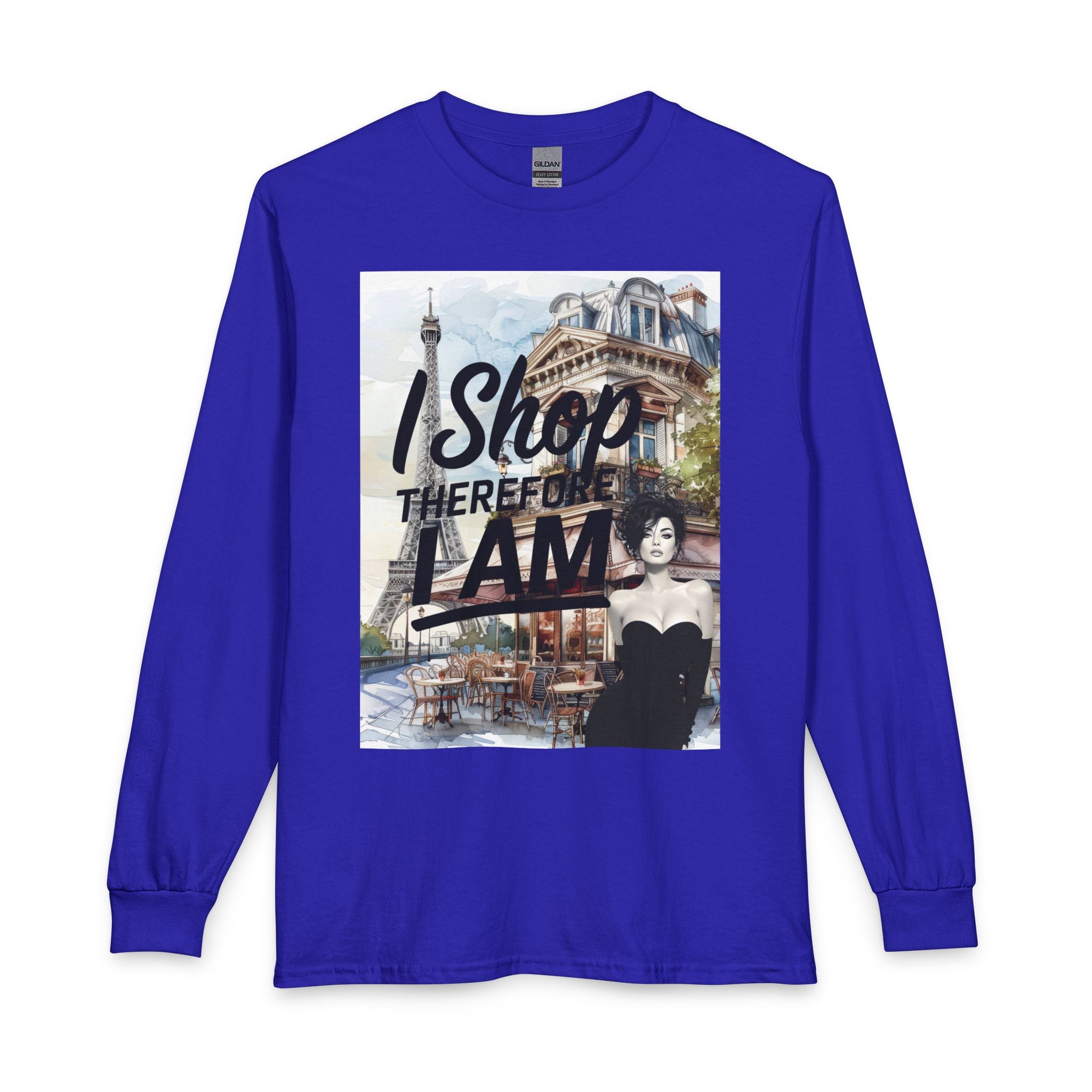 Parisian Graphic Long Sleeve Tee — "I Shop Therefore I Am" Fashion Top