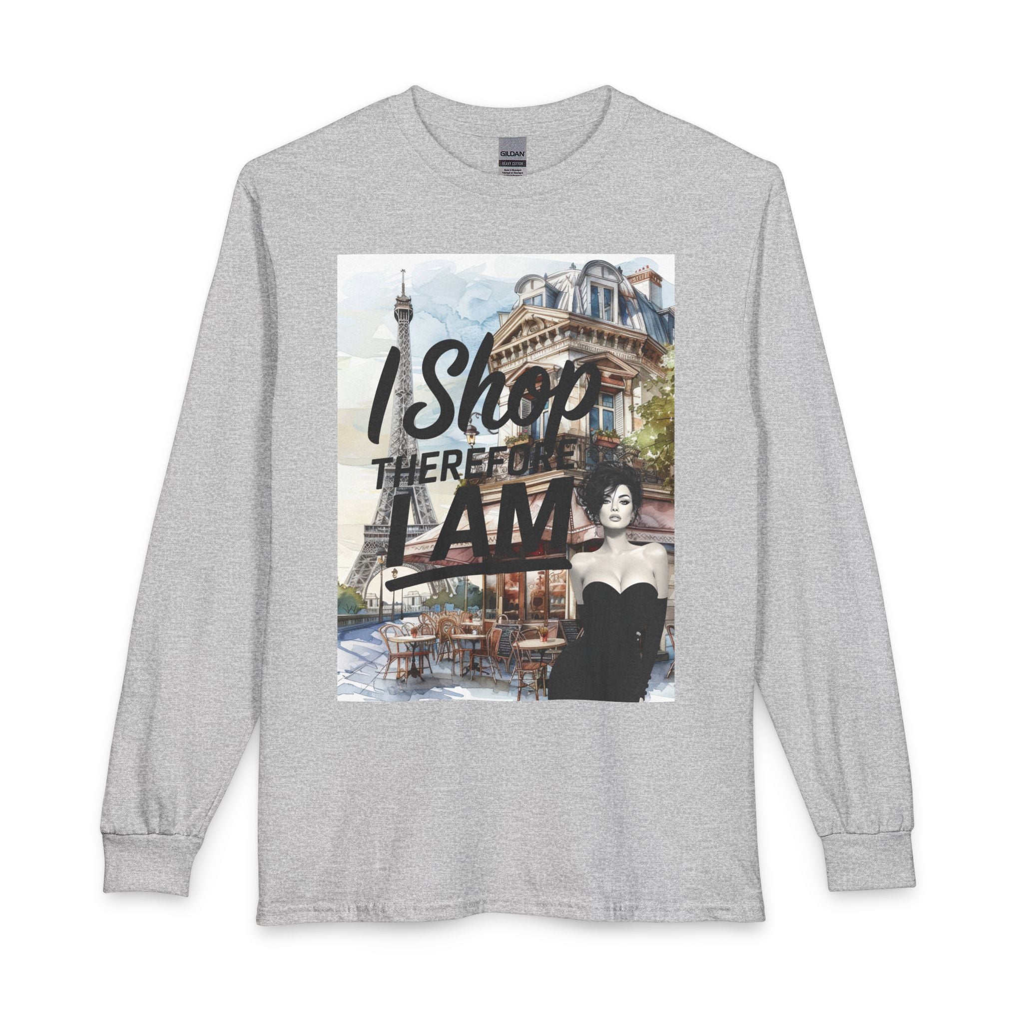 Parisian Graphic Long Sleeve Tee — "I Shop Therefore I Am" Fashion Top