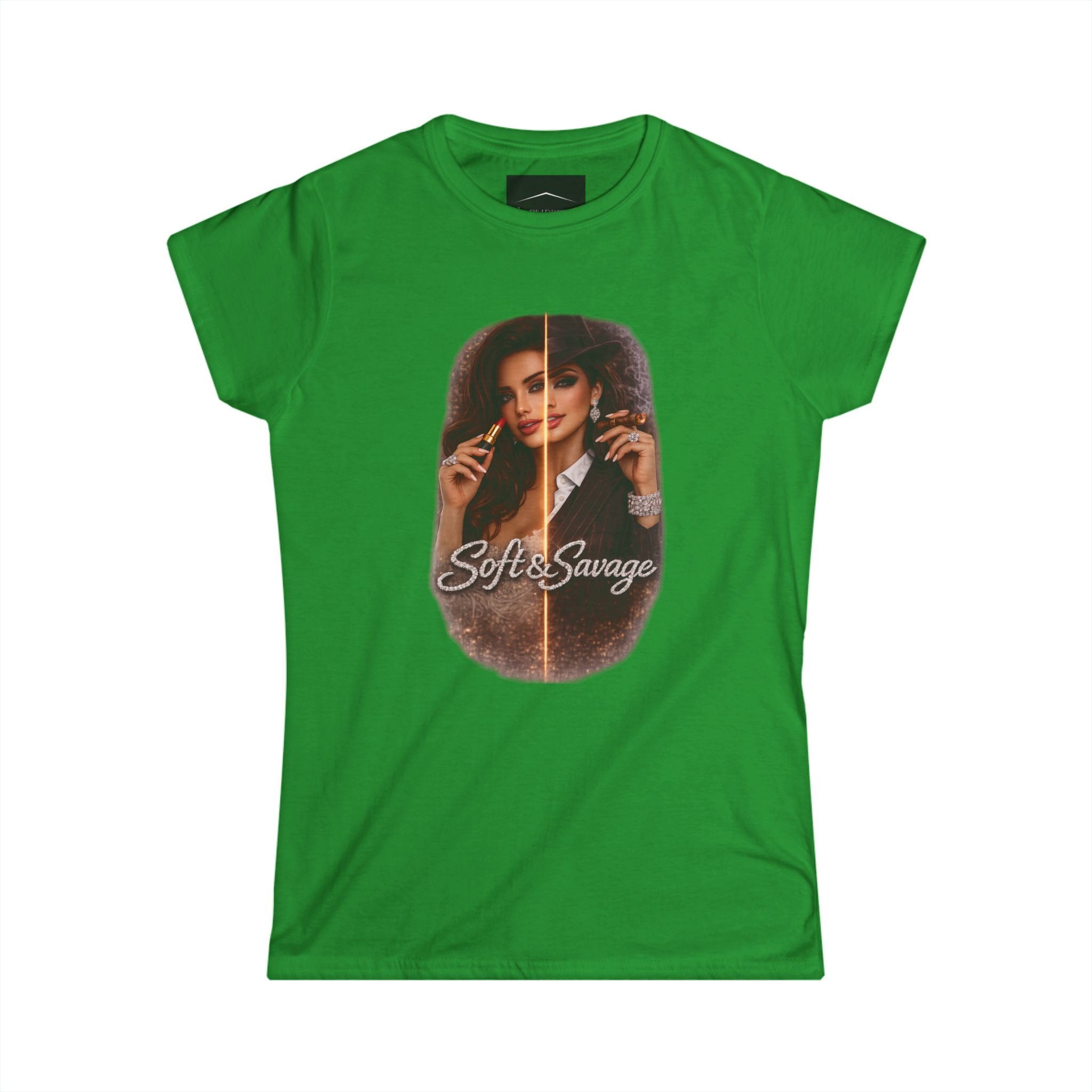 Soft & Savage Women's Tee — Retro Glam Portrait Graphic Shirt