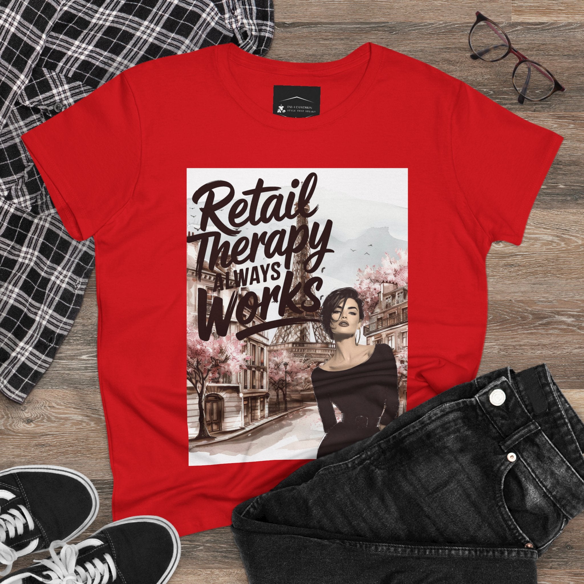 Retail Therapy T-Shirt — "Retail Therapy Always Works" Women's Graphic Tee