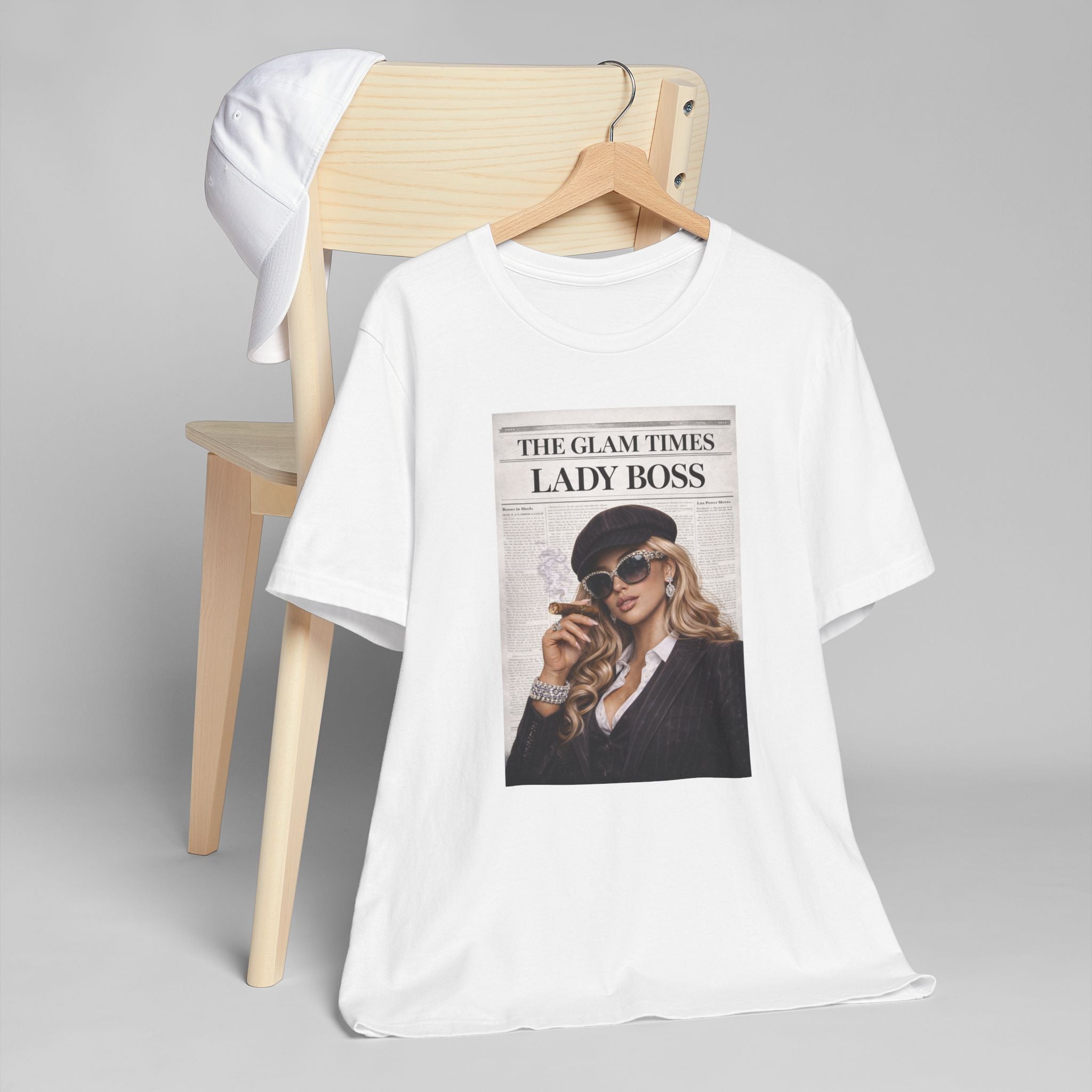 Lady Boss Graphic T-Shirt — 'The Glam Times' Vintage Newspaper Design