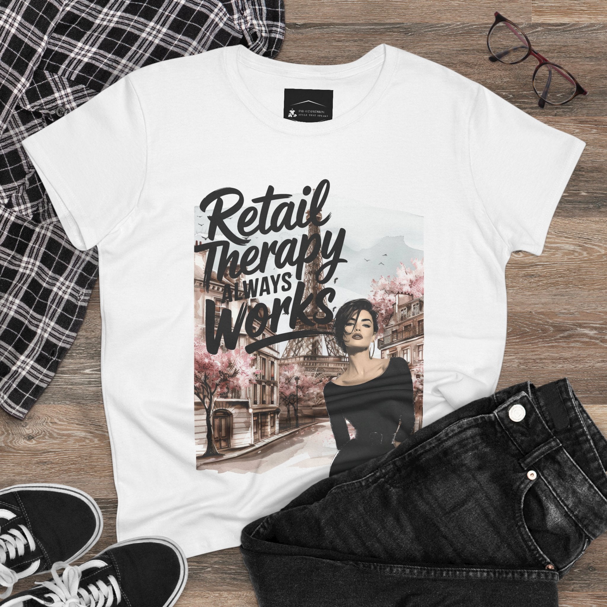 Retail Therapy T-Shirt — "Retail Therapy Always Works" Women's Graphic Tee