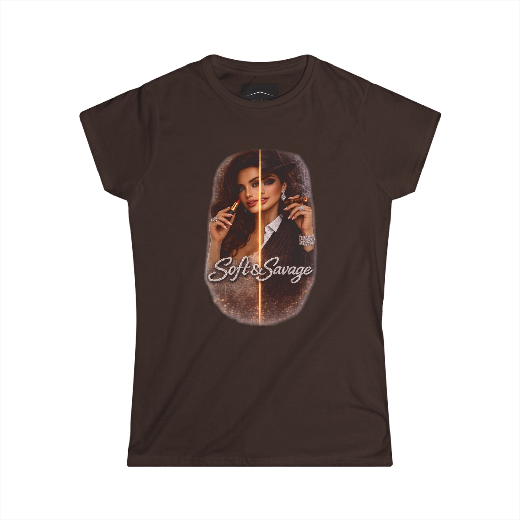 Soft & Savage Women's Tee — Retro Glam Portrait Graphic Shirt