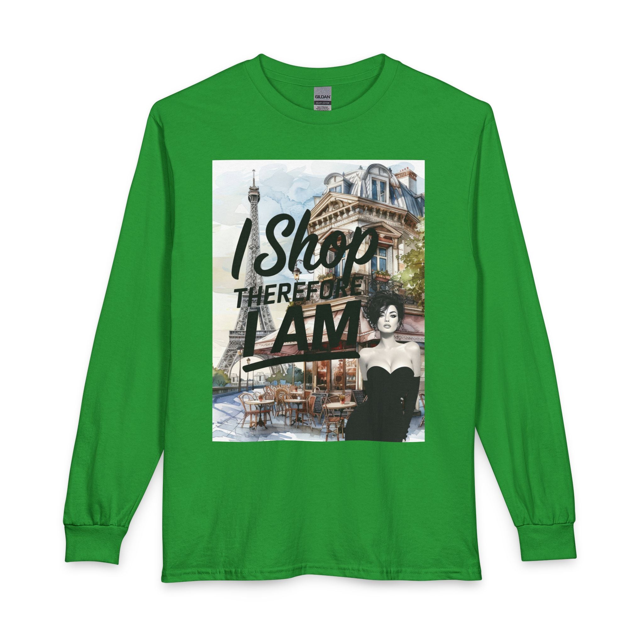 Parisian Graphic Long Sleeve Tee — "I Shop Therefore I Am" Fashion Top