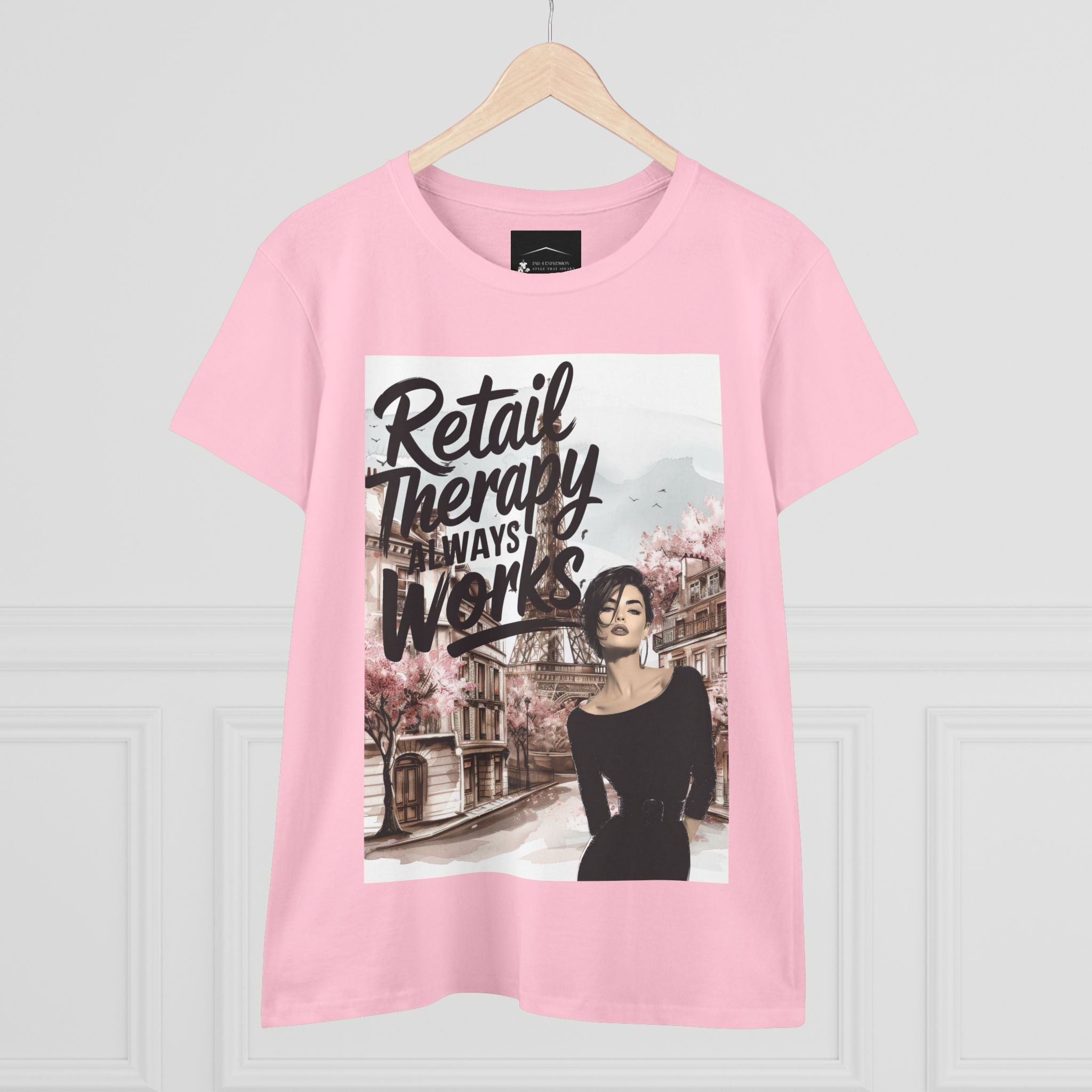Retail Therapy T-Shirt — "Retail Therapy Always Works" Women's Graphic Tee