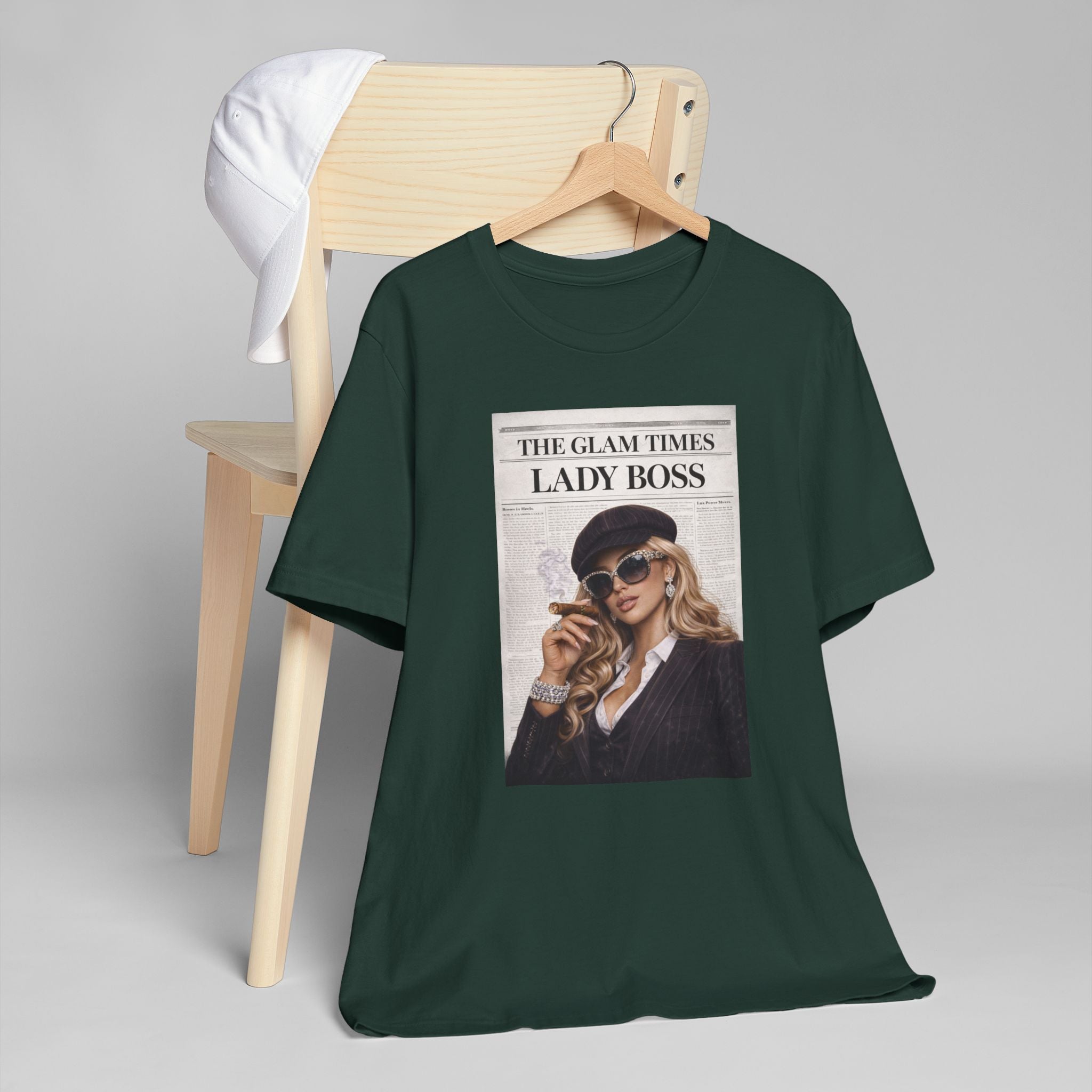Lady Boss Graphic T-Shirt — 'The Glam Times' Vintage Newspaper Design