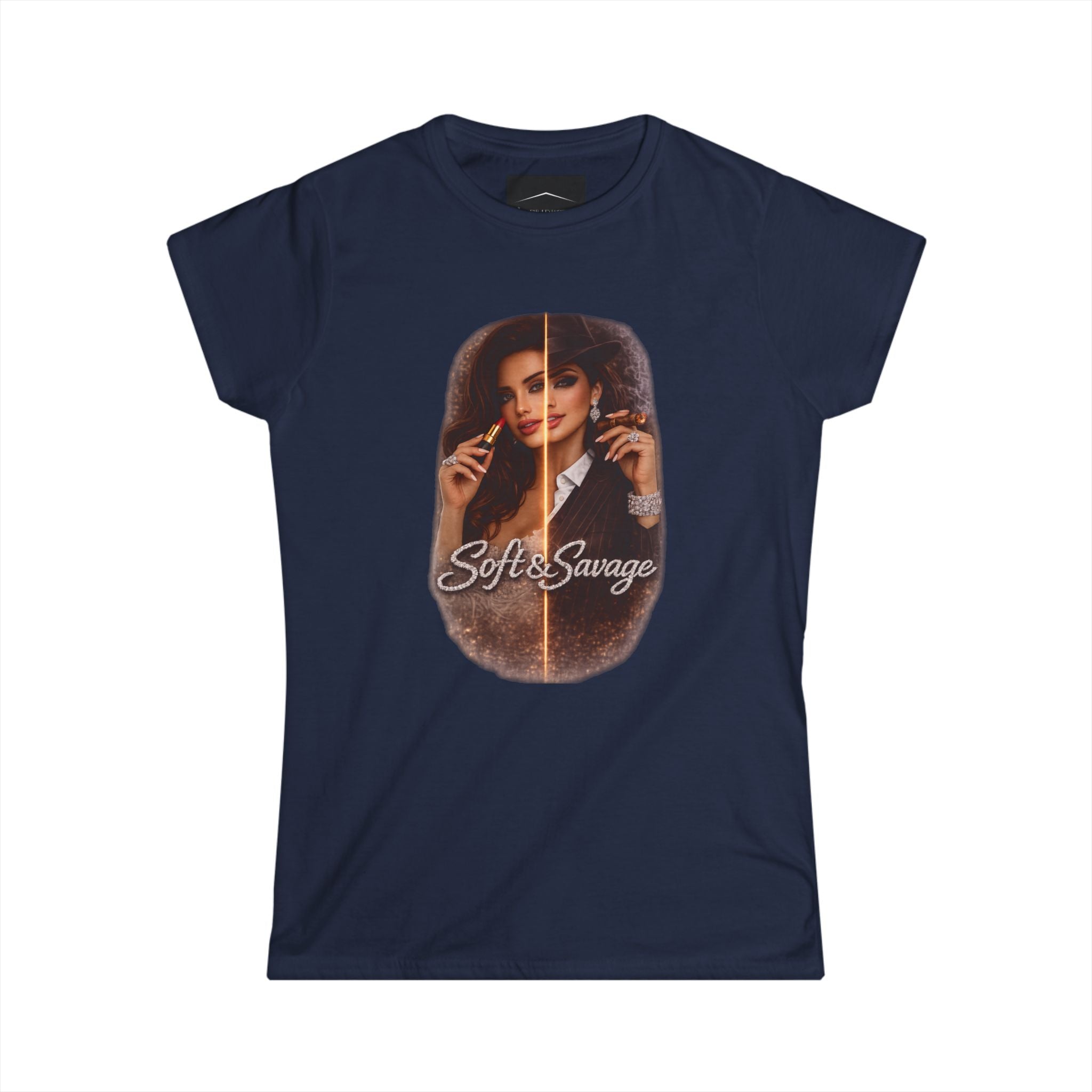 Soft & Savage Women's Tee — Retro Glam Portrait Graphic Shirt