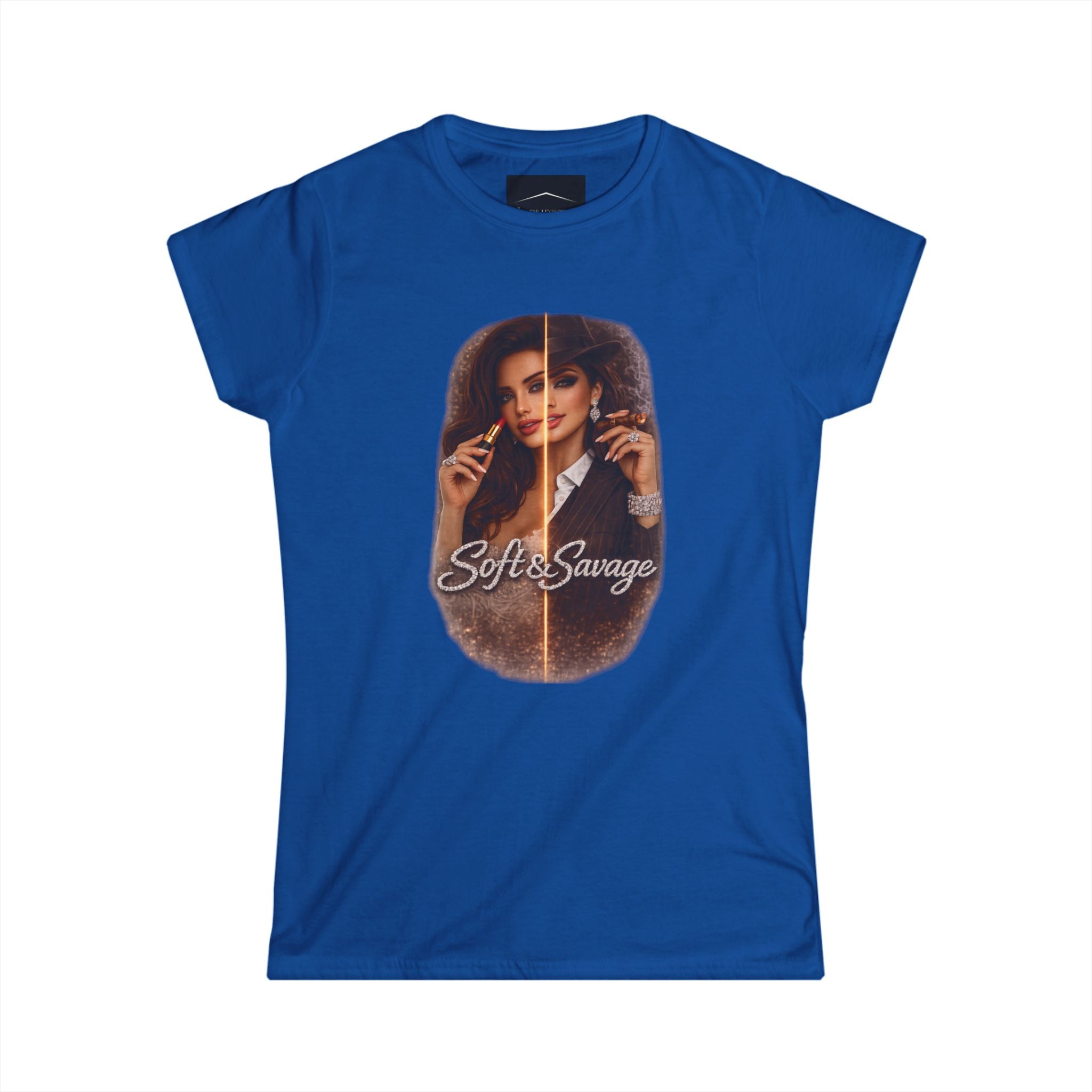 Soft & Savage Women's Tee — Retro Glam Portrait Graphic Shirt