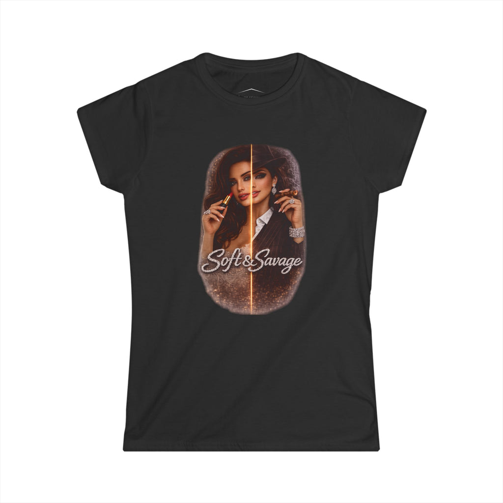 Soft & Savage Women's Tee — Retro Glam Portrait Graphic Shirt