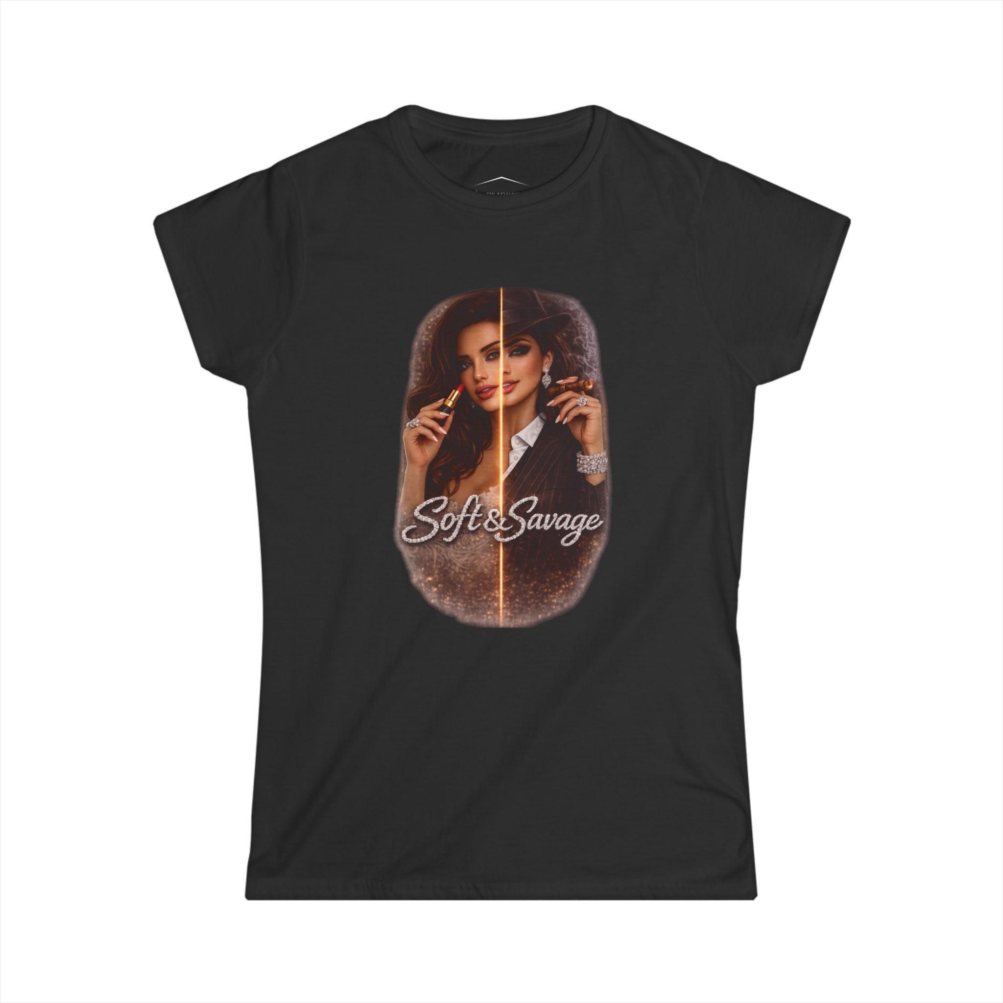 Soft & Savage Women's Tee — Retro Glam Portrait Graphic Shirt
