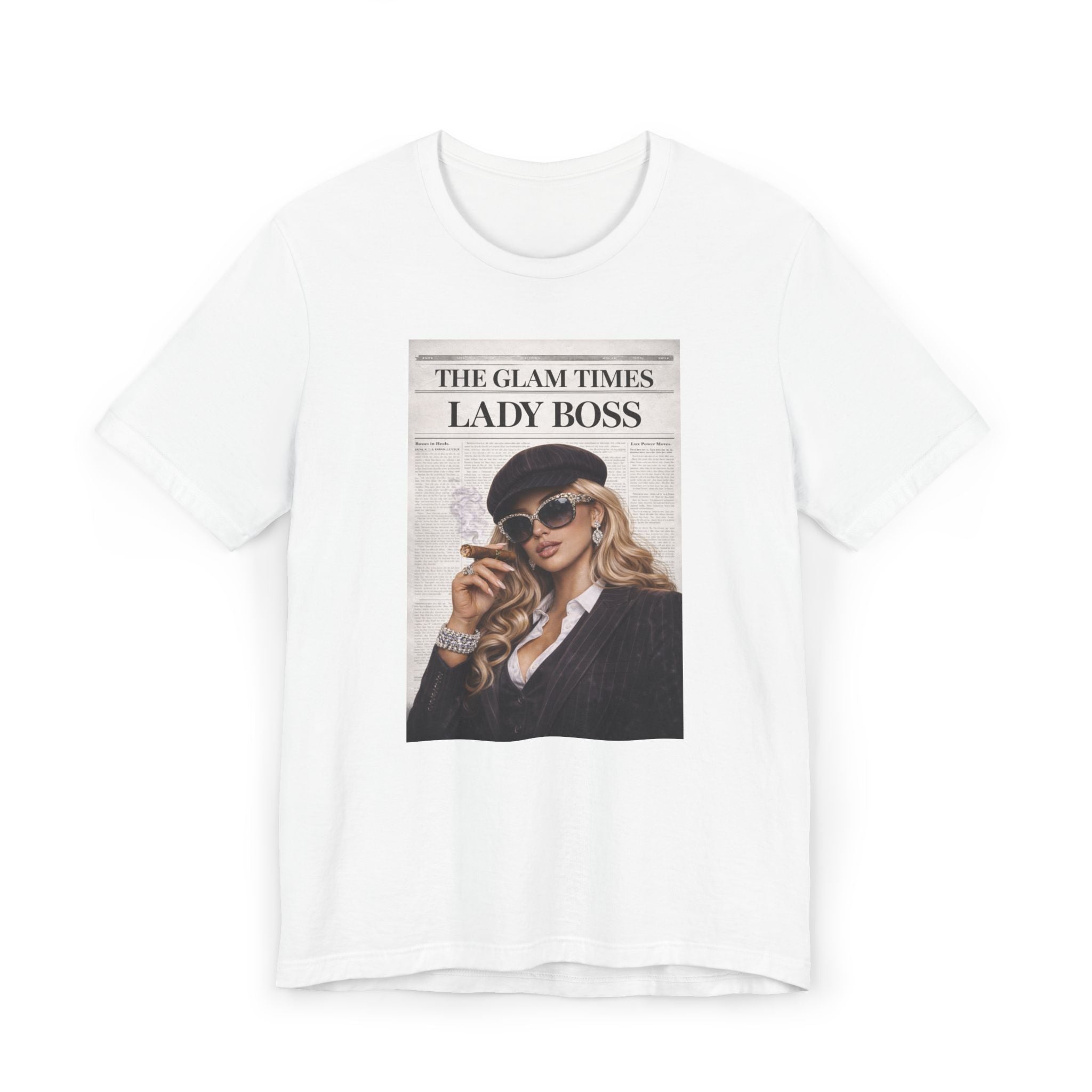 Lady Boss Graphic T-Shirt — 'The Glam Times' Vintage Newspaper Design