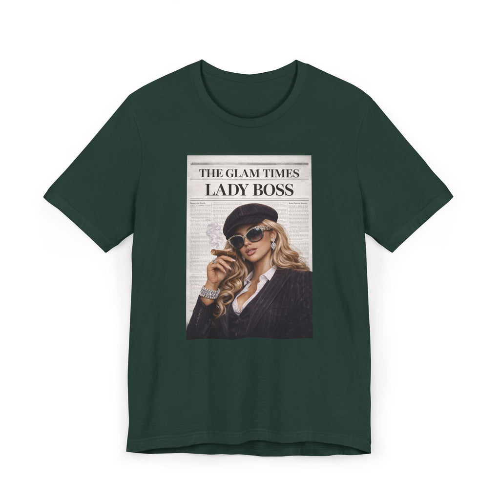 Lady Boss Graphic T-Shirt — 'The Glam Times' Vintage Newspaper Design