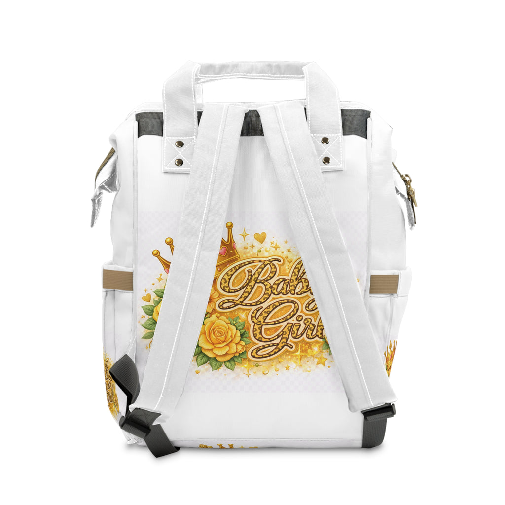 Baby Girl Diaper Backpack — Princess Crown & Bottle Floral Design