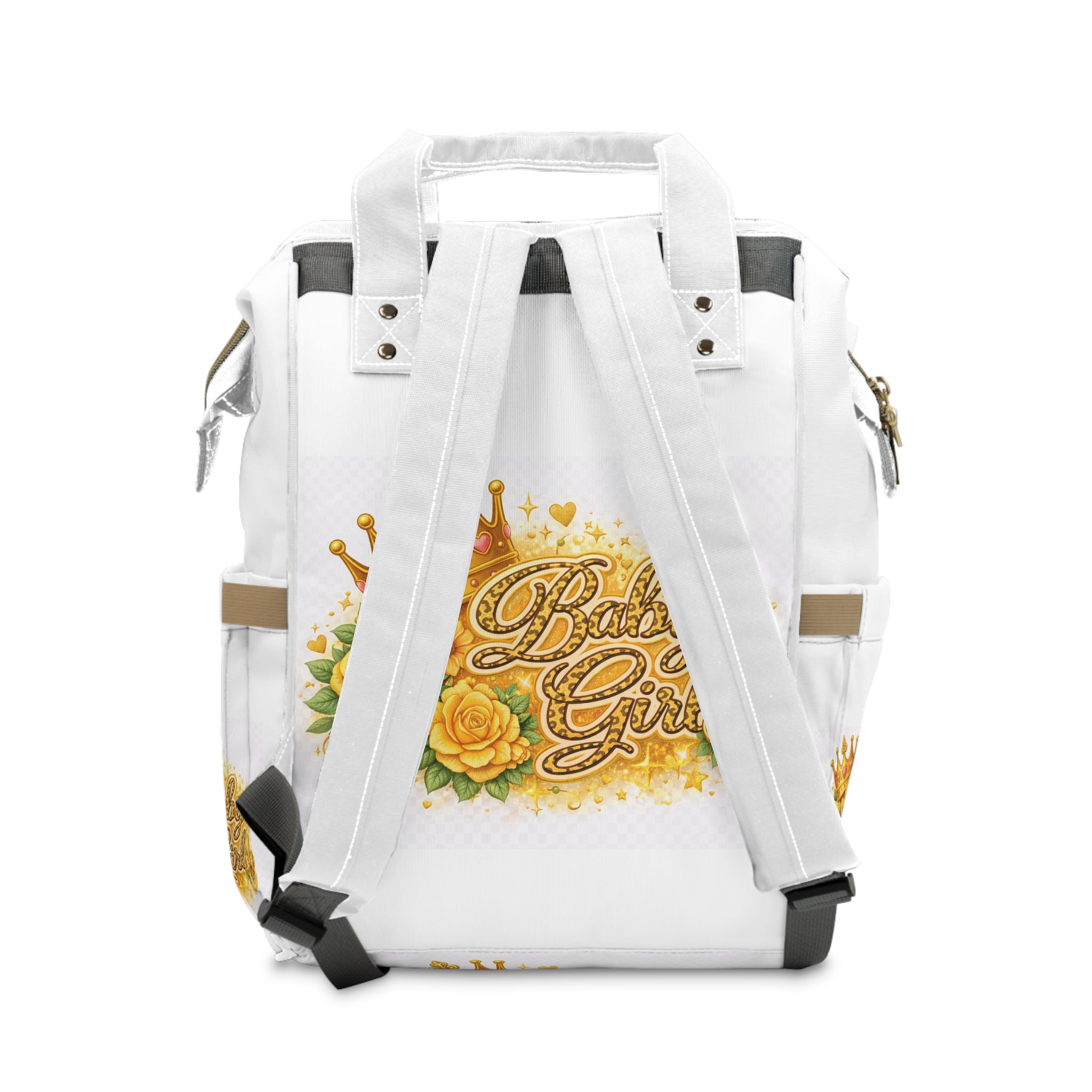 Baby Girl Diaper Backpack — Princess Crown & Bottle Floral Design