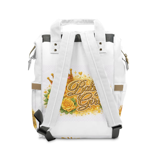 Baby Girl Diaper Backpack — Princess Crown & Bottle Floral Design