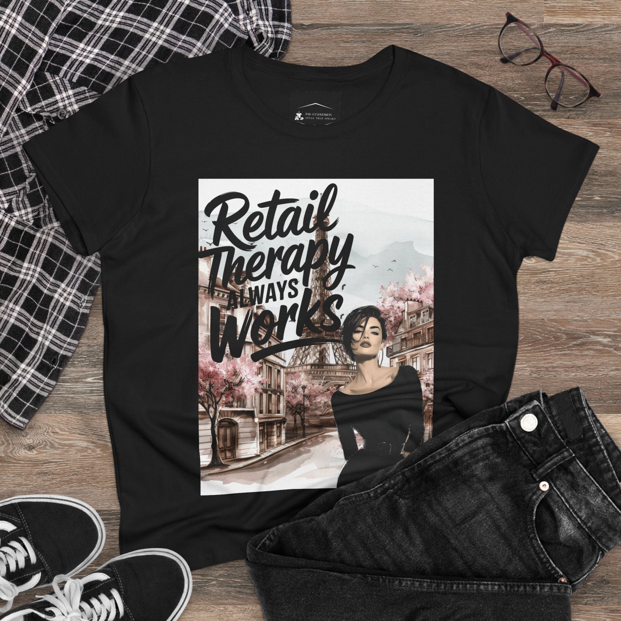 Retail Therapy T-Shirt — "Retail Therapy Always Works" Women's Graphic Tee