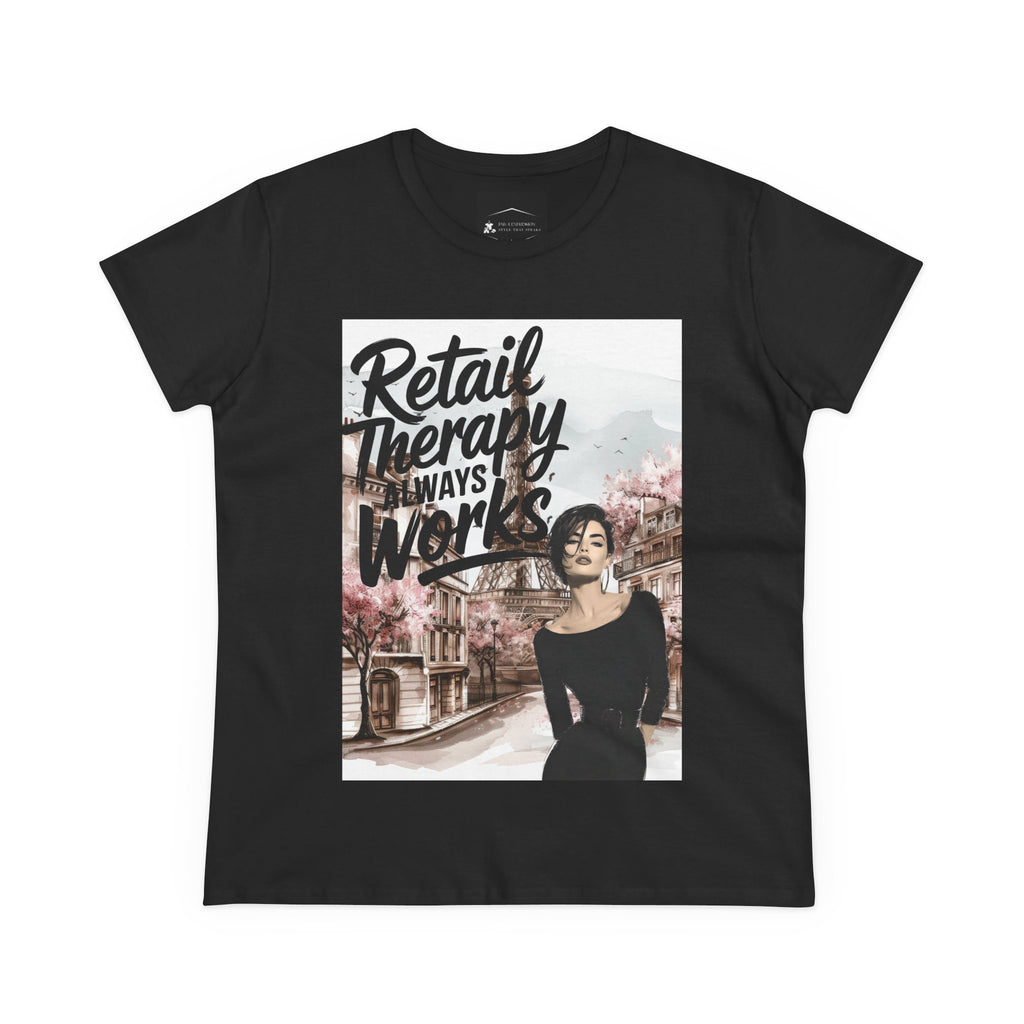 Retail Therapy T-Shirt — "Retail Therapy Always Works" Women's Graphic Tee