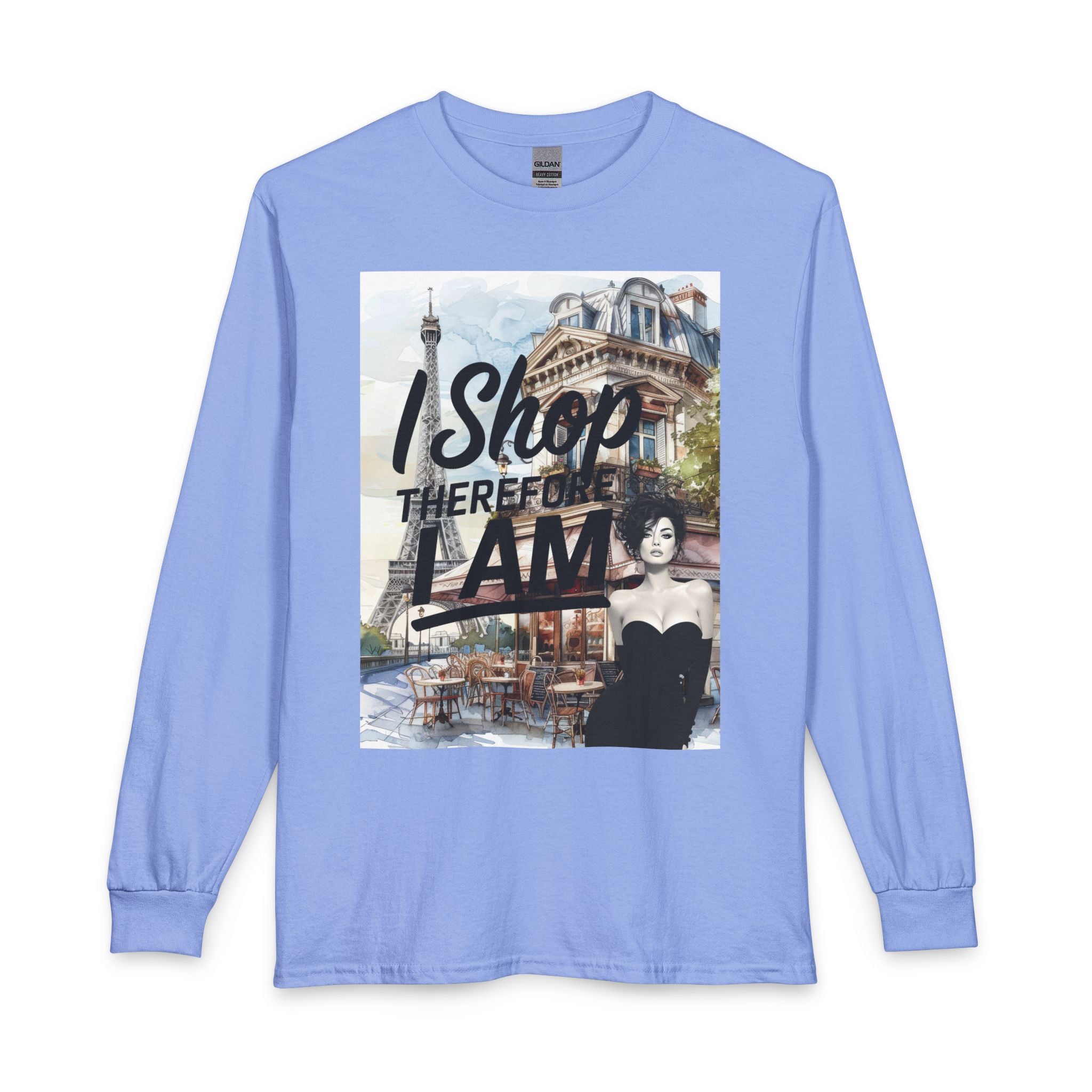 Parisian Graphic Long Sleeve Tee — "I Shop Therefore I Am" Fashion Top