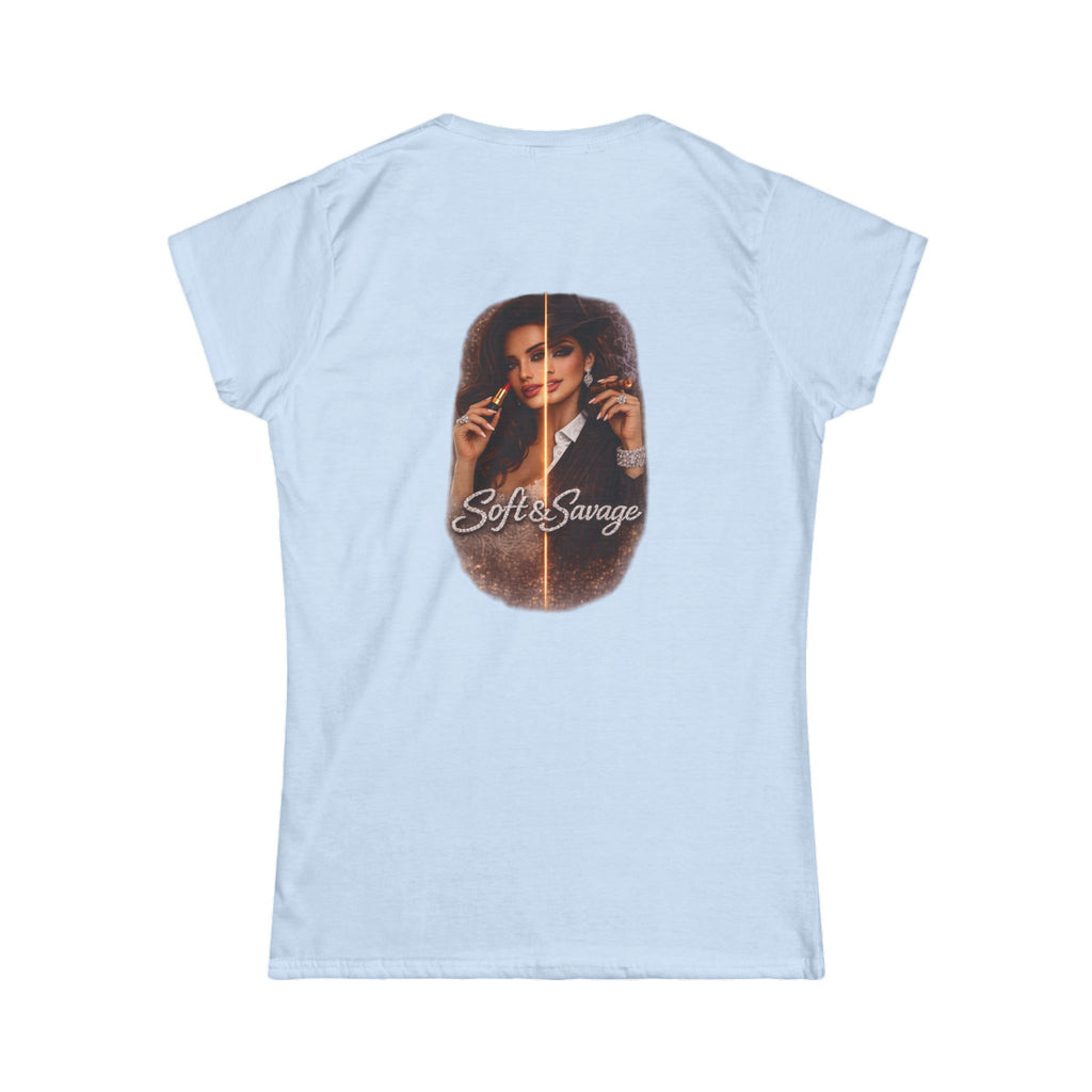 Soft & Savage Women's Tee — Retro Glam Portrait Graphic Shirt