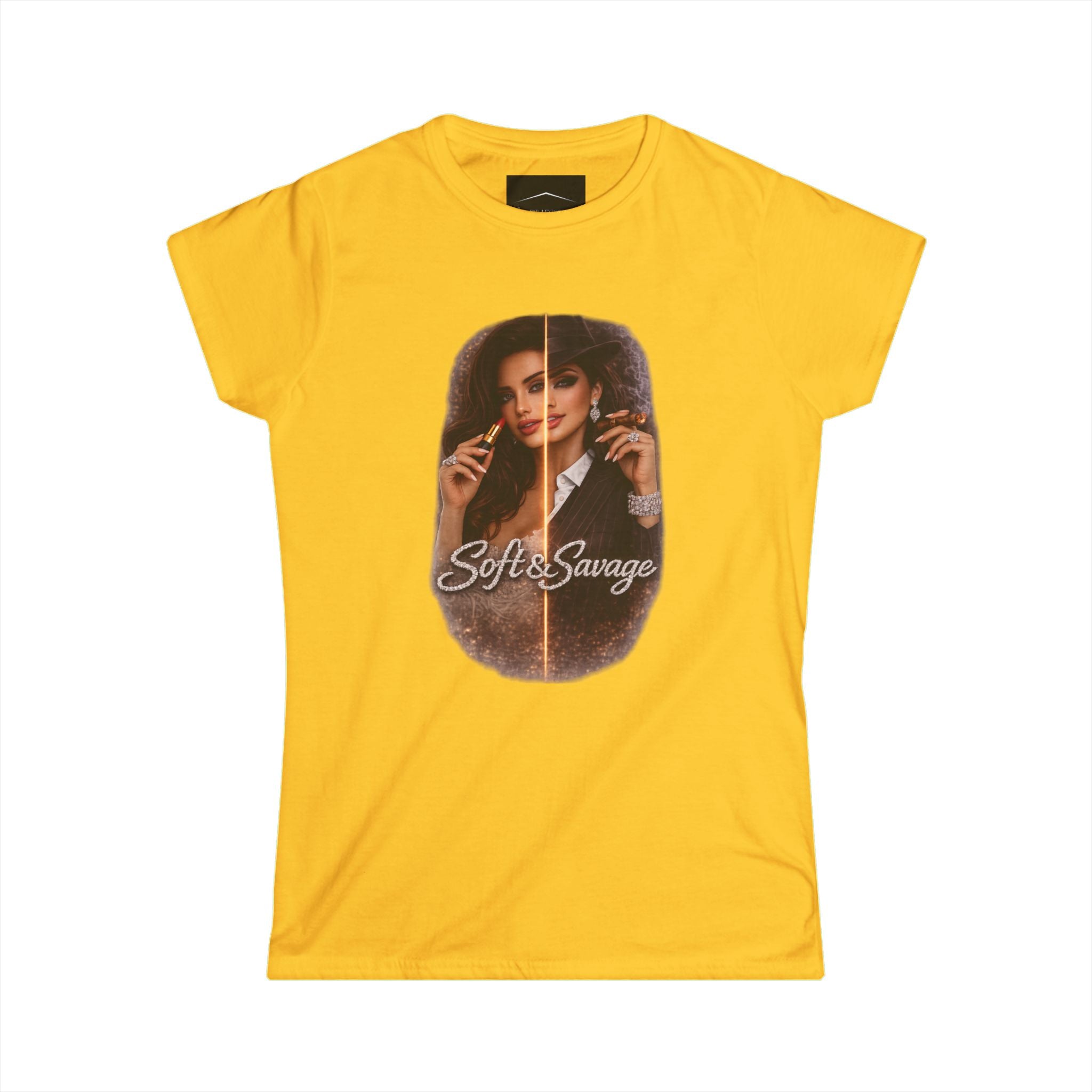 Soft & Savage Women's Tee — Retro Glam Portrait Graphic Shirt
