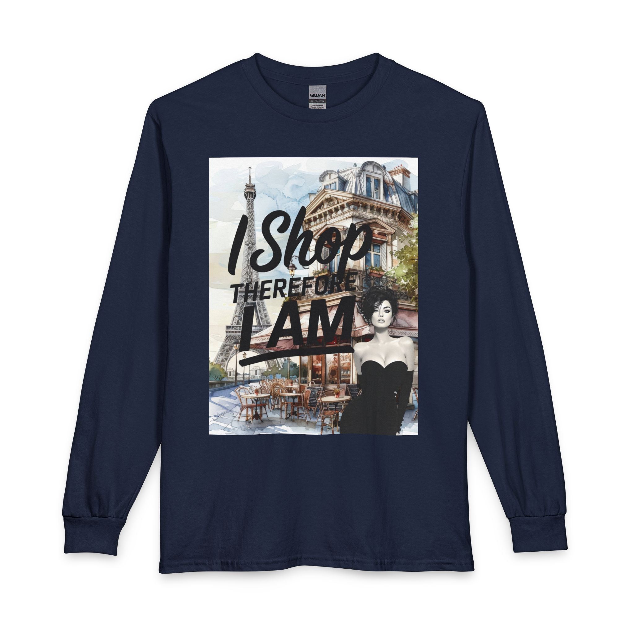 Parisian Graphic Long Sleeve Tee — "I Shop Therefore I Am" Fashion Top