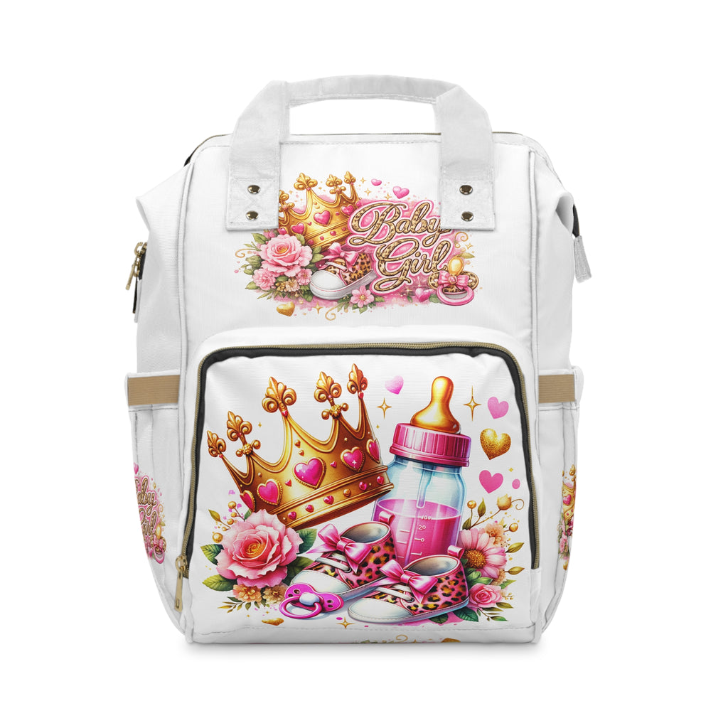 Princess Baby Diaper Backpack — Cute Pink Crown & Bottle Mom Bag