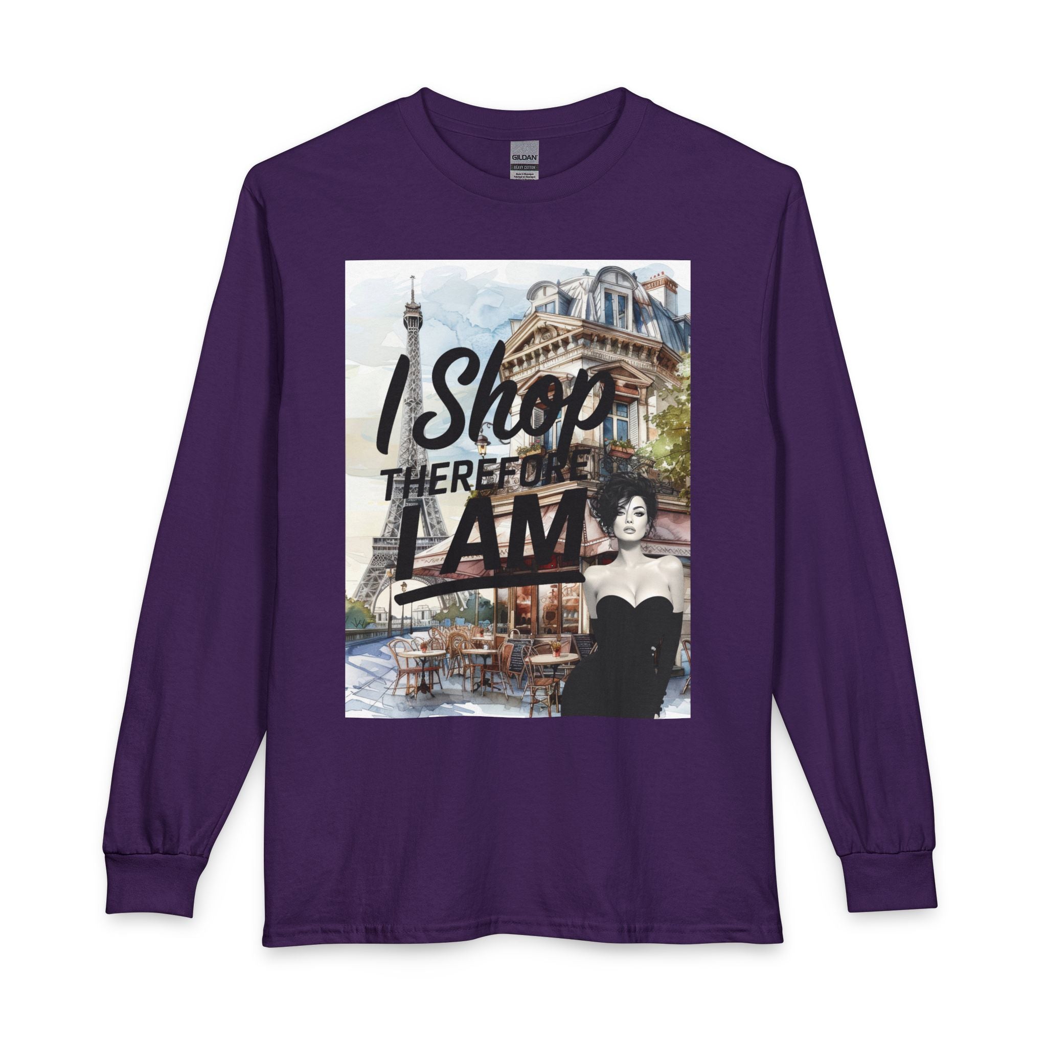 Parisian Graphic Long Sleeve Tee — "I Shop Therefore I Am" Fashion Top