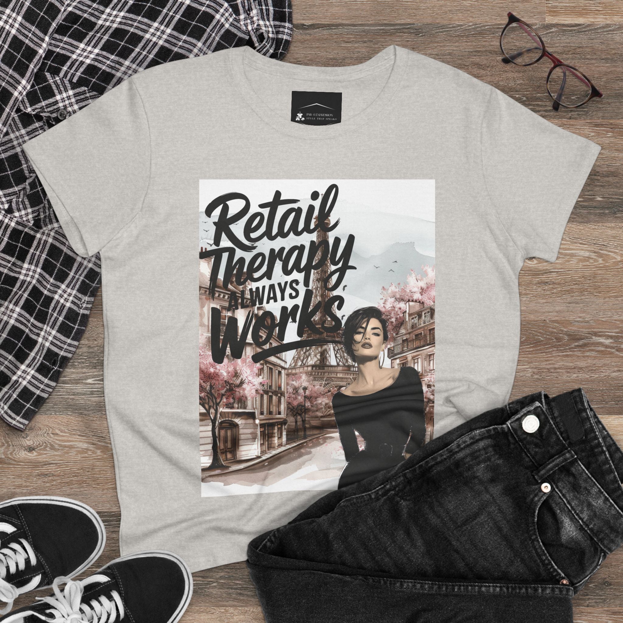 Retail Therapy T-Shirt — "Retail Therapy Always Works" Women's Graphic Tee