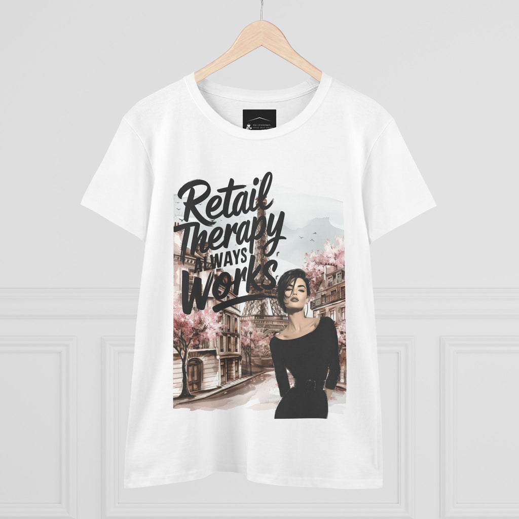Retail Therapy T-Shirt — "Retail Therapy Always Works" Women's Graphic Tee