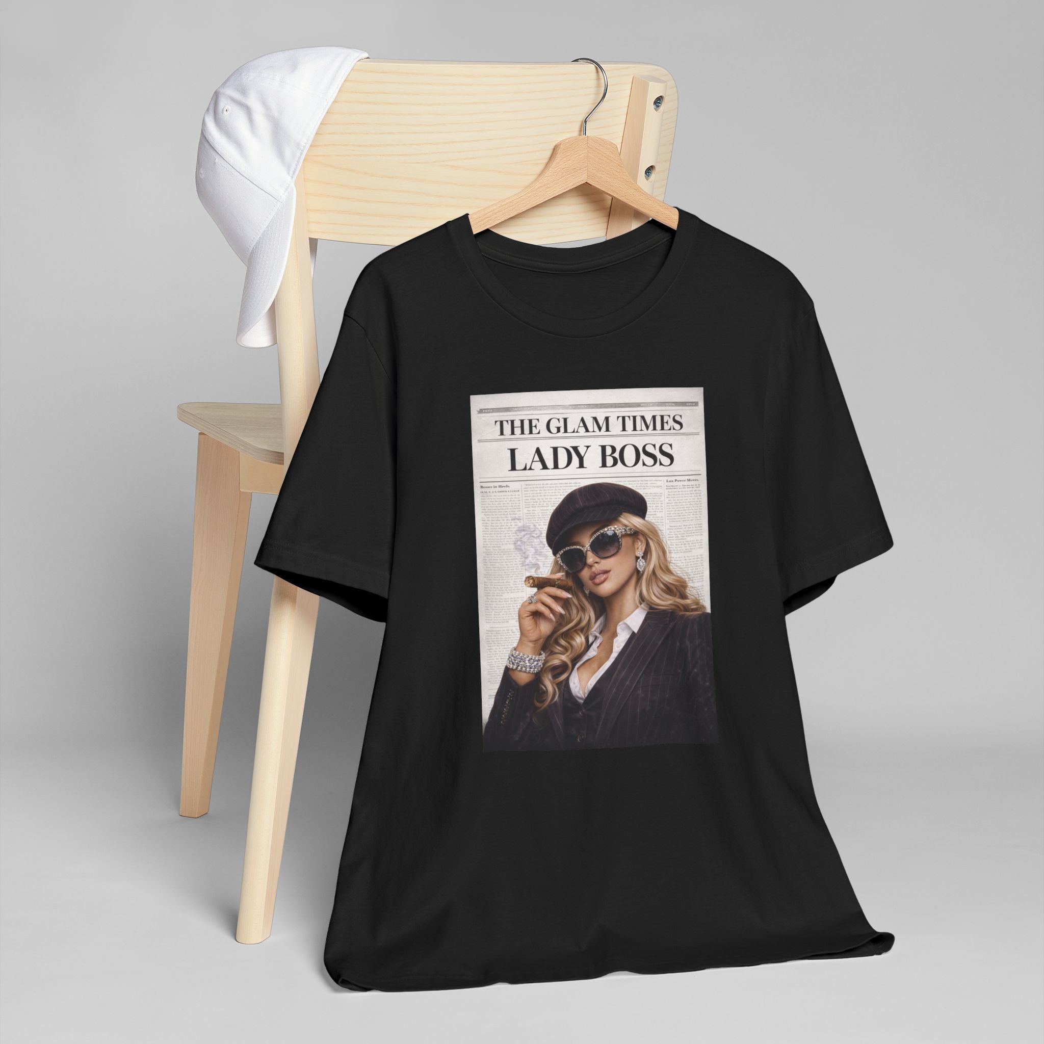 Lady Boss Graphic T-Shirt — 'The Glam Times' Vintage Newspaper Design