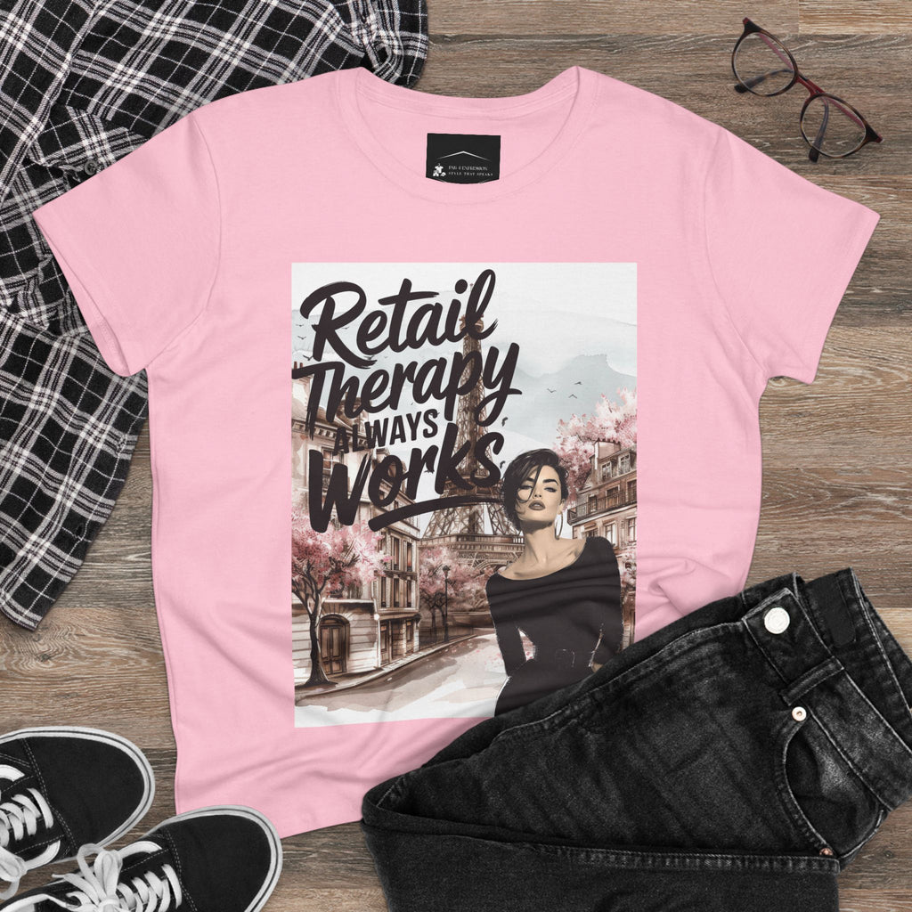 Retail Therapy T-Shirt — "Retail Therapy Always Works" Women's Graphic Tee