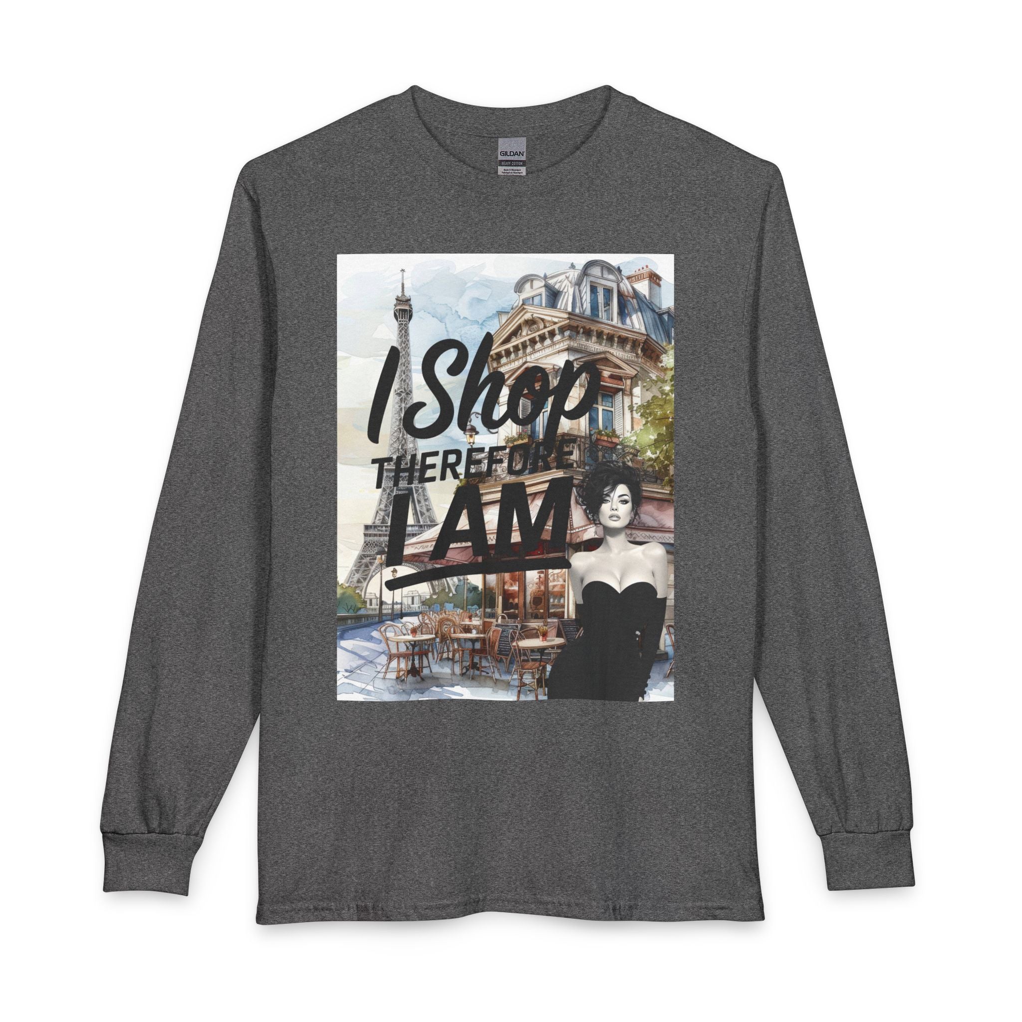 Parisian Graphic Long Sleeve Tee — "I Shop Therefore I Am" Fashion Top