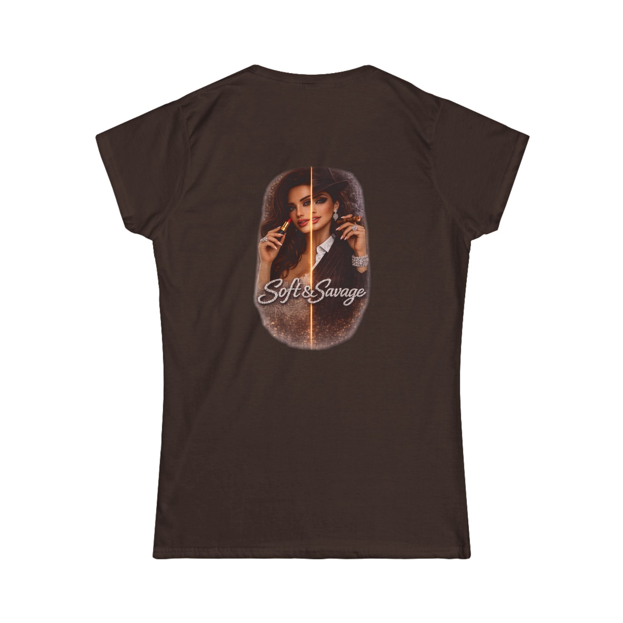 Soft & Savage Women's Tee — Retro Glam Portrait Graphic Shirt