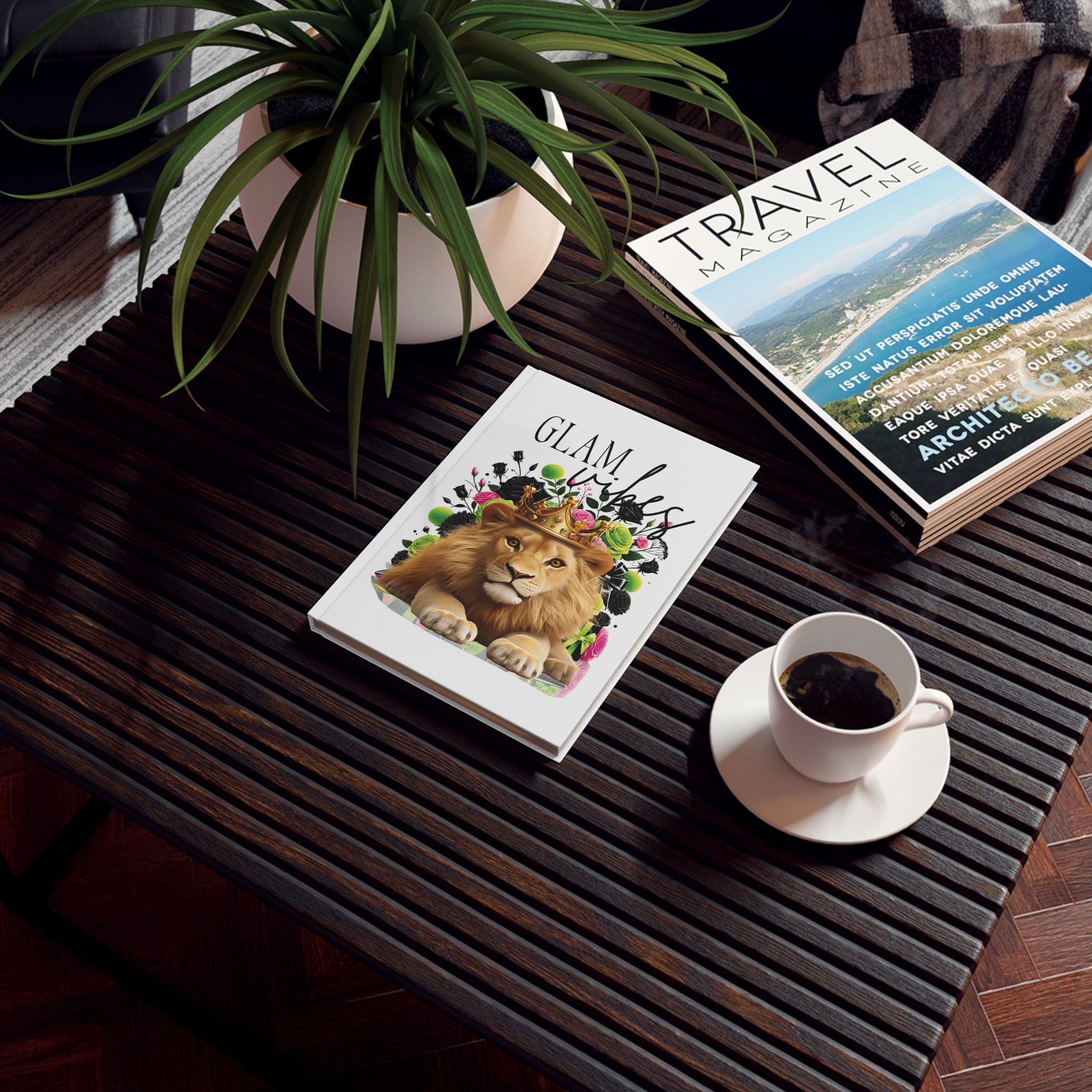 Hardcover Journal — "Glam Vibes" Lion Crown Notebook for Glamorous Women, Fashion Sketchbook & Stylish Gift