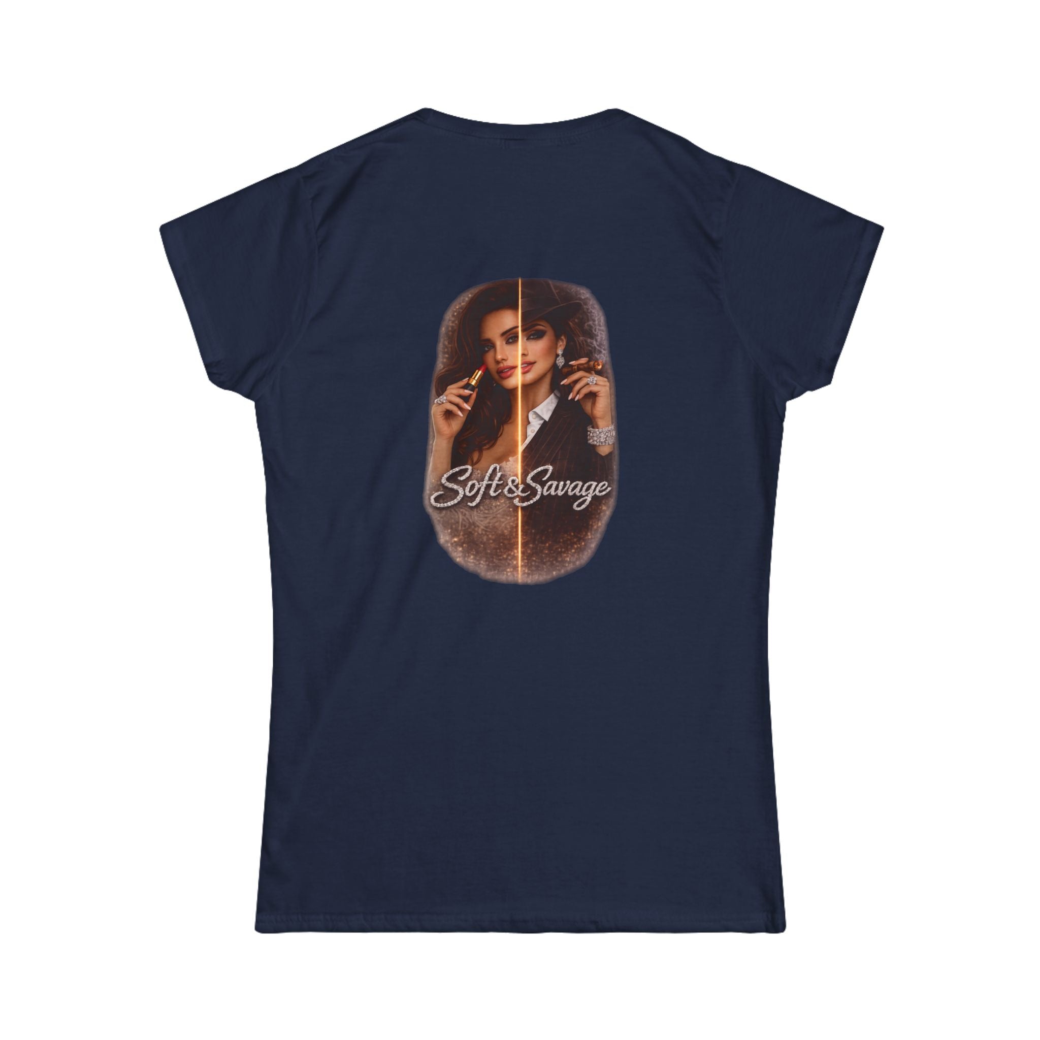 Soft & Savage Women's Tee — Retro Glam Portrait Graphic Shirt