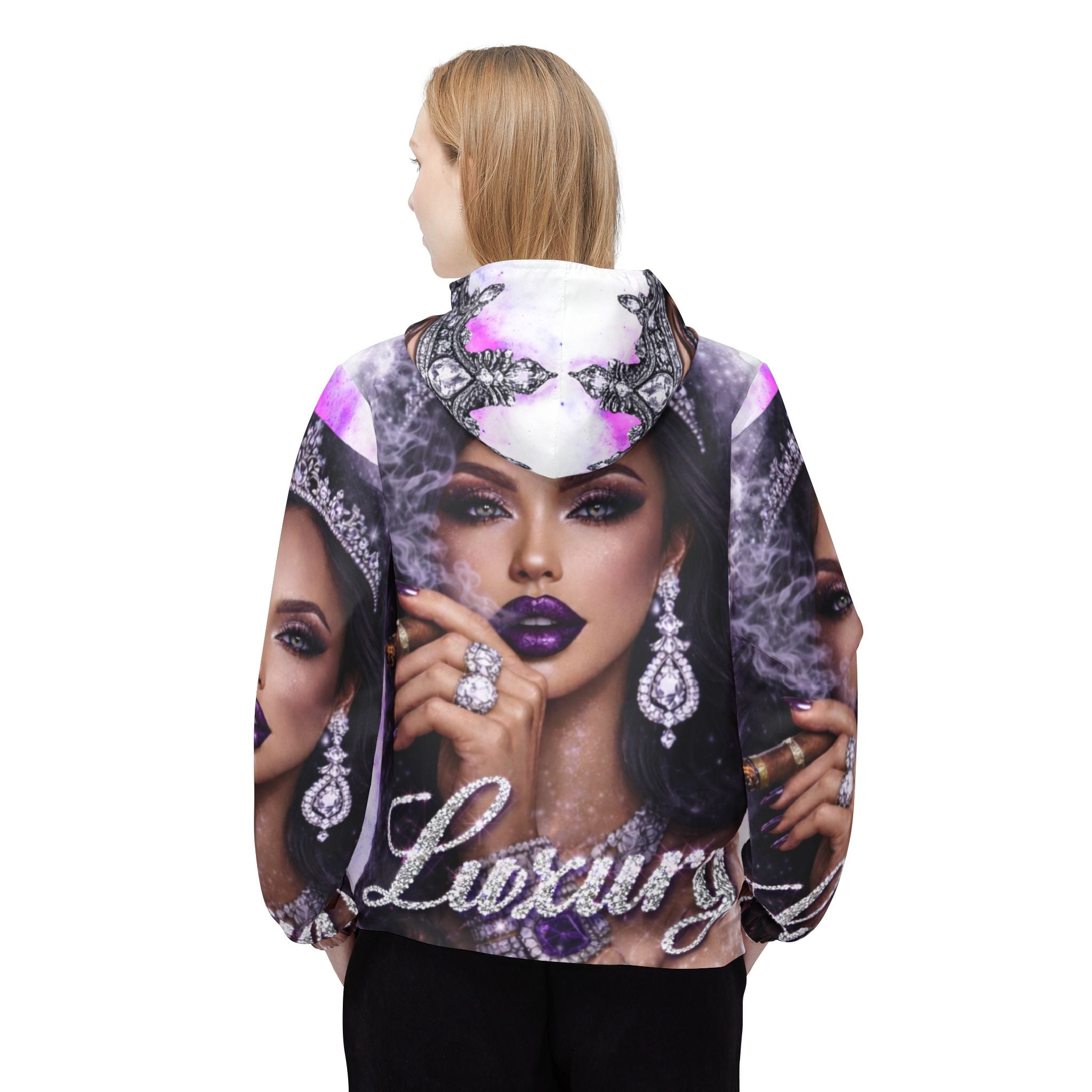 Luxury Queen Windbreaker Jacket — Glam Crown Portrait All-Over Print, Sale Ends 02/15/26