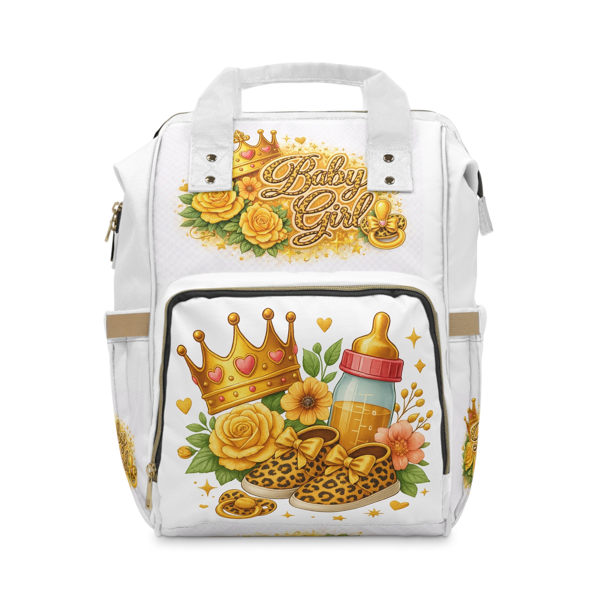 Baby Girl Diaper Backpack — Princess Crown & Bottle Floral Design