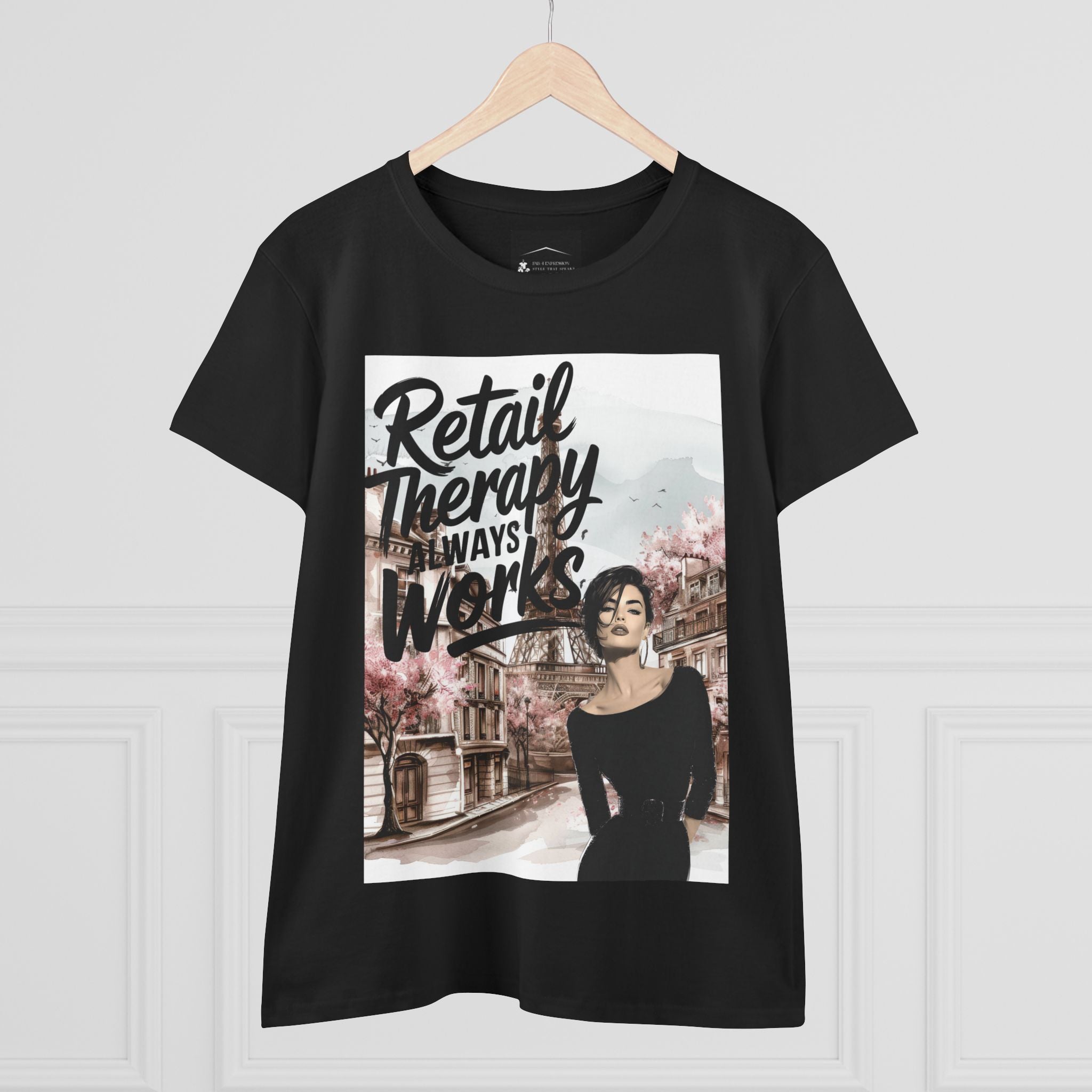 Retail Therapy T-Shirt — "Retail Therapy Always Works" Women's Graphic Tee